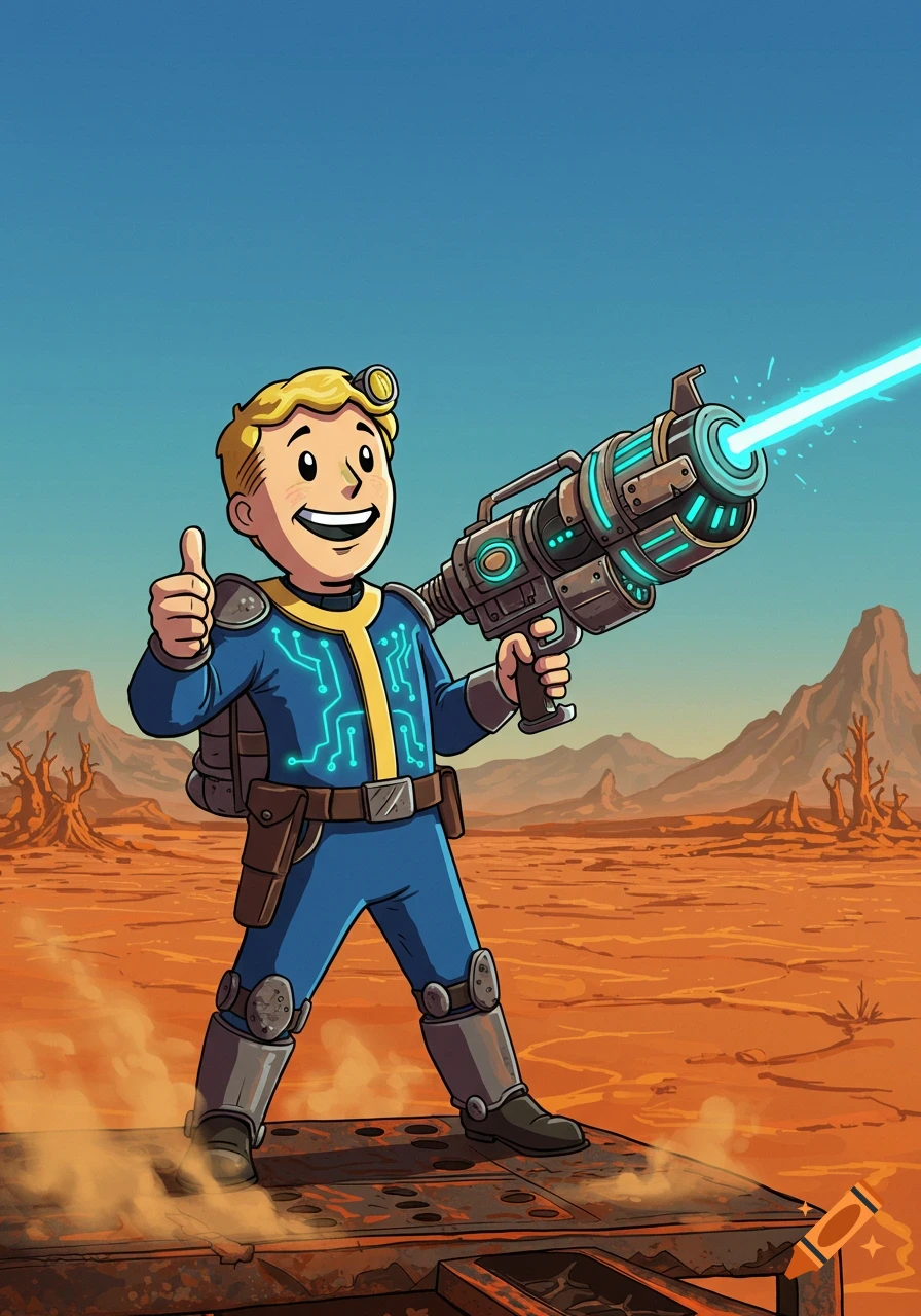 Cartoon illustration of Vault Boy in a blue suit giving a thumbs up and firing a laser gun in a desert wasteland.