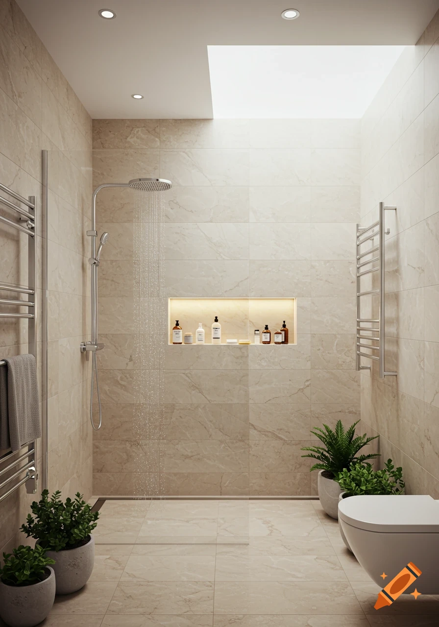 A modern bathroom with light marble tiles, a walk-in shower with running water, plants, a towel rack, and a toilet.