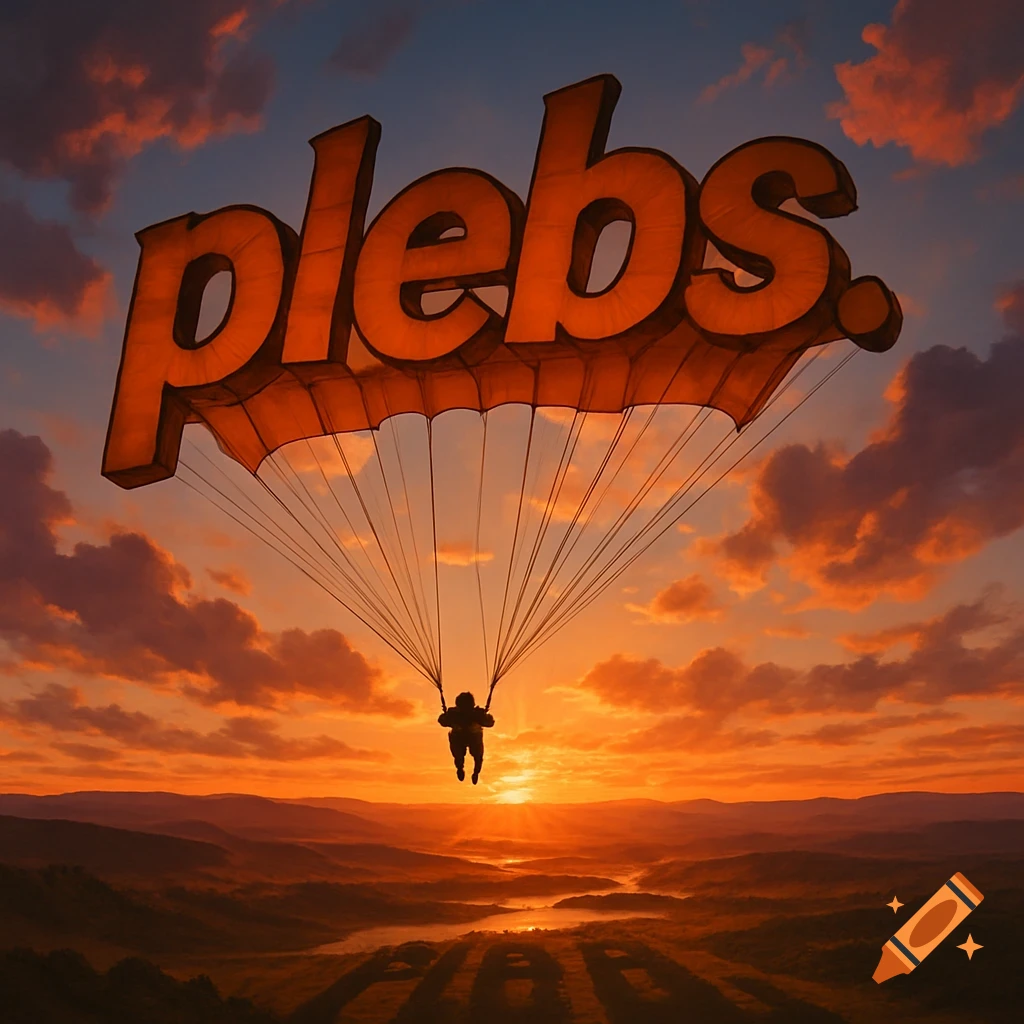 A person skydiving with a 'plebs.' text-shaped parachute over a vibrant sunset landscape.