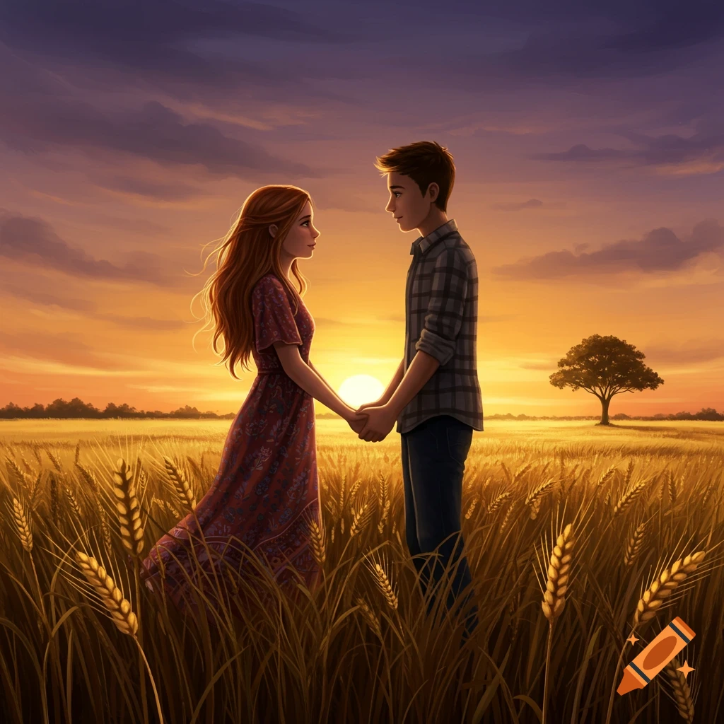 Two young people holding hands in a golden wheat field at sunset, stylized illustration.