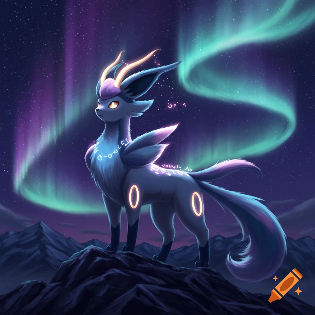 A sleek, dark gray fox-dragon creature with glowing yellow eyes, purple fur, and orange horns stands on a rocky mountain under a vibrant purple and green aurora borealis sky.