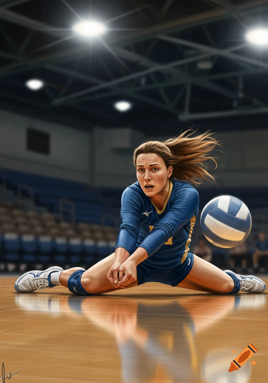 A female volleyball player in a blue uniform dives to hit the ball on a wooden court in a brightly lit stadium, realistic digital art style.