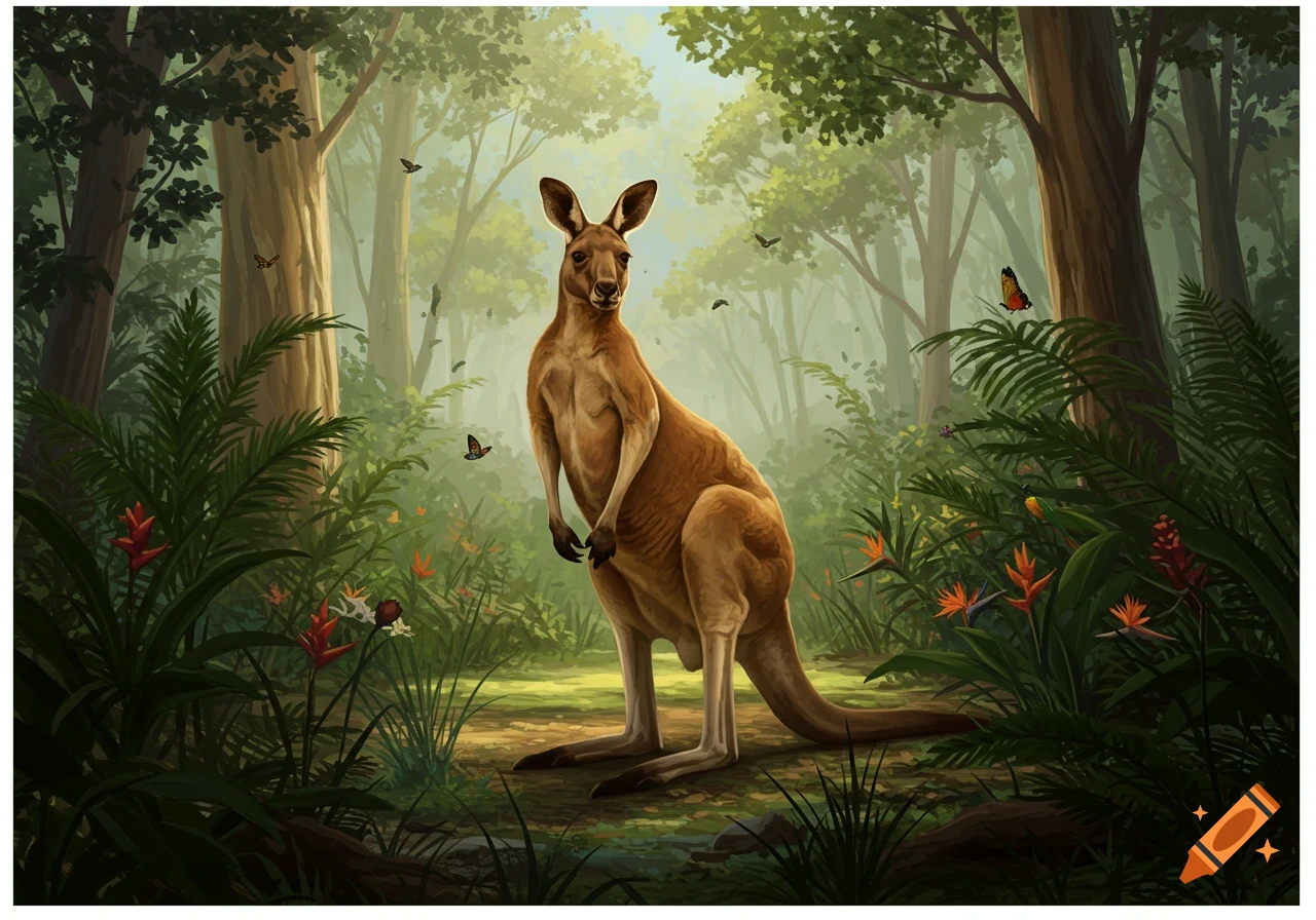 A muscular kangaroo stands in a lush, misty Australian jungle with vibrant plants and butterflies, depicted in an illustrative style.