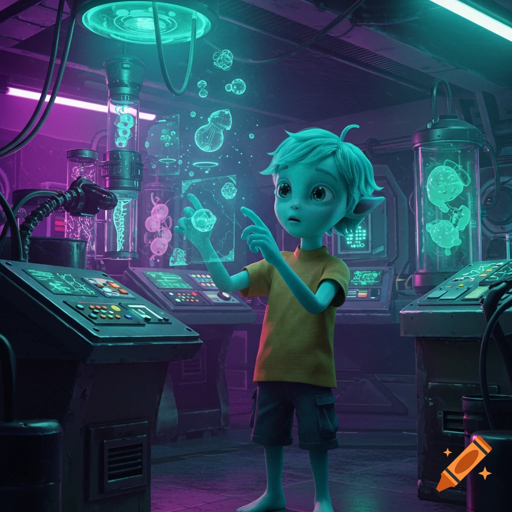 A cartoon alien boy interacts with glowing holographic organisms in a futuristic science laboratory.