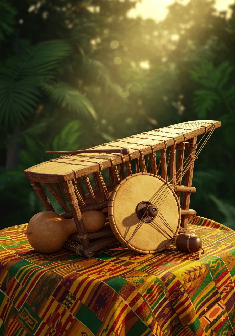 Photorealistic wooden balafon with gourds on a colorful patterned cloth. Sunlit tropical jungle background.