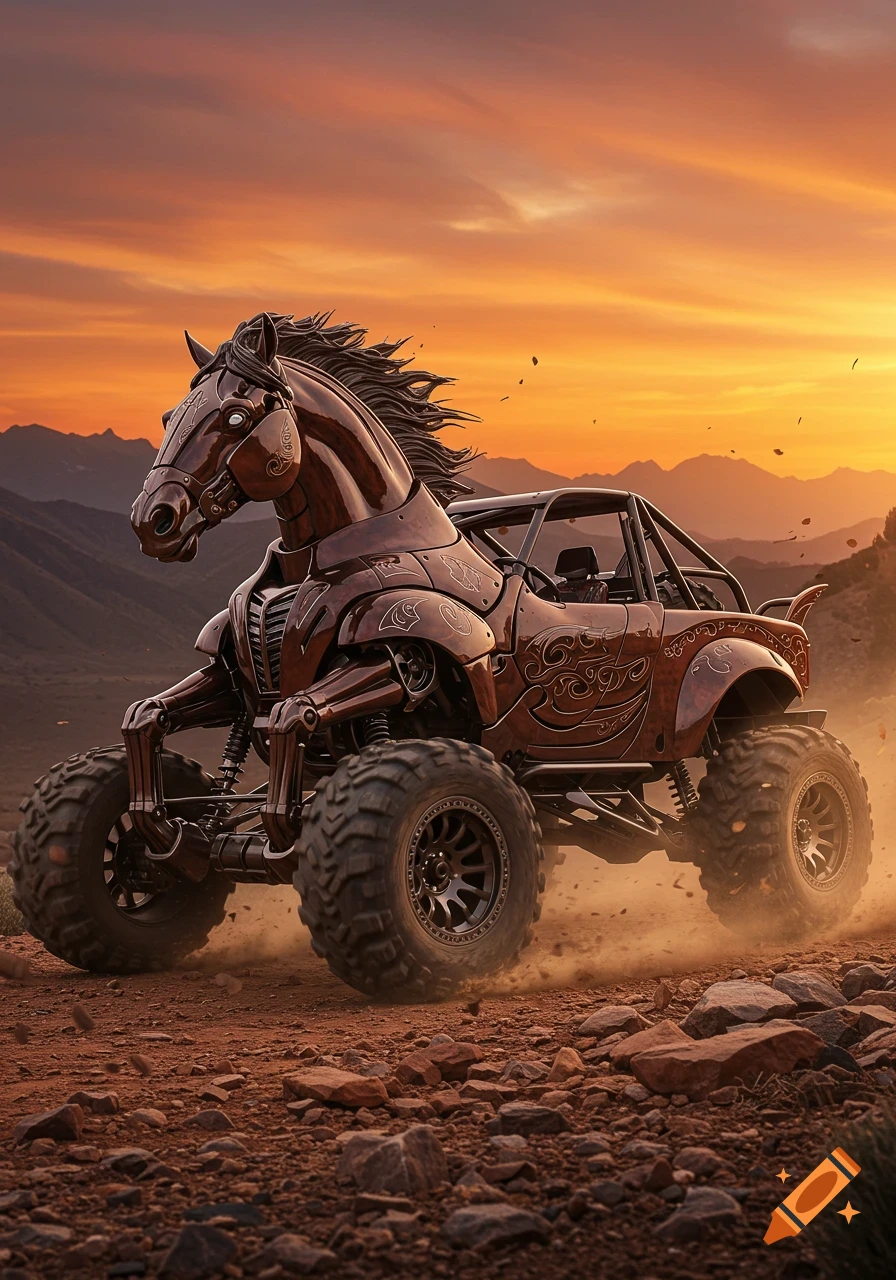 A photorealistic horse-themed off-road vehicle with large tires drives on a rocky desert road at sunset.