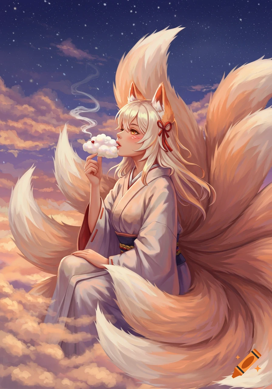 A blonde kitsune girl with multiple orange tails sits on clouds, eating a white cloud, under a starry purple and orange sky.