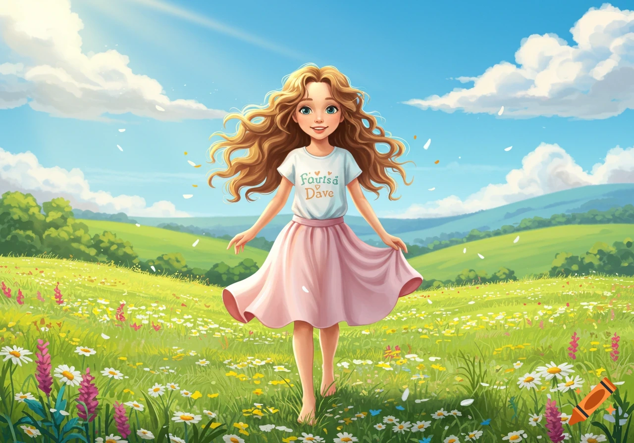 A cartoon girl with curly blonde hair in a pink skirt stands barefoot in a sunny, flower-filled green field under a blue sky.