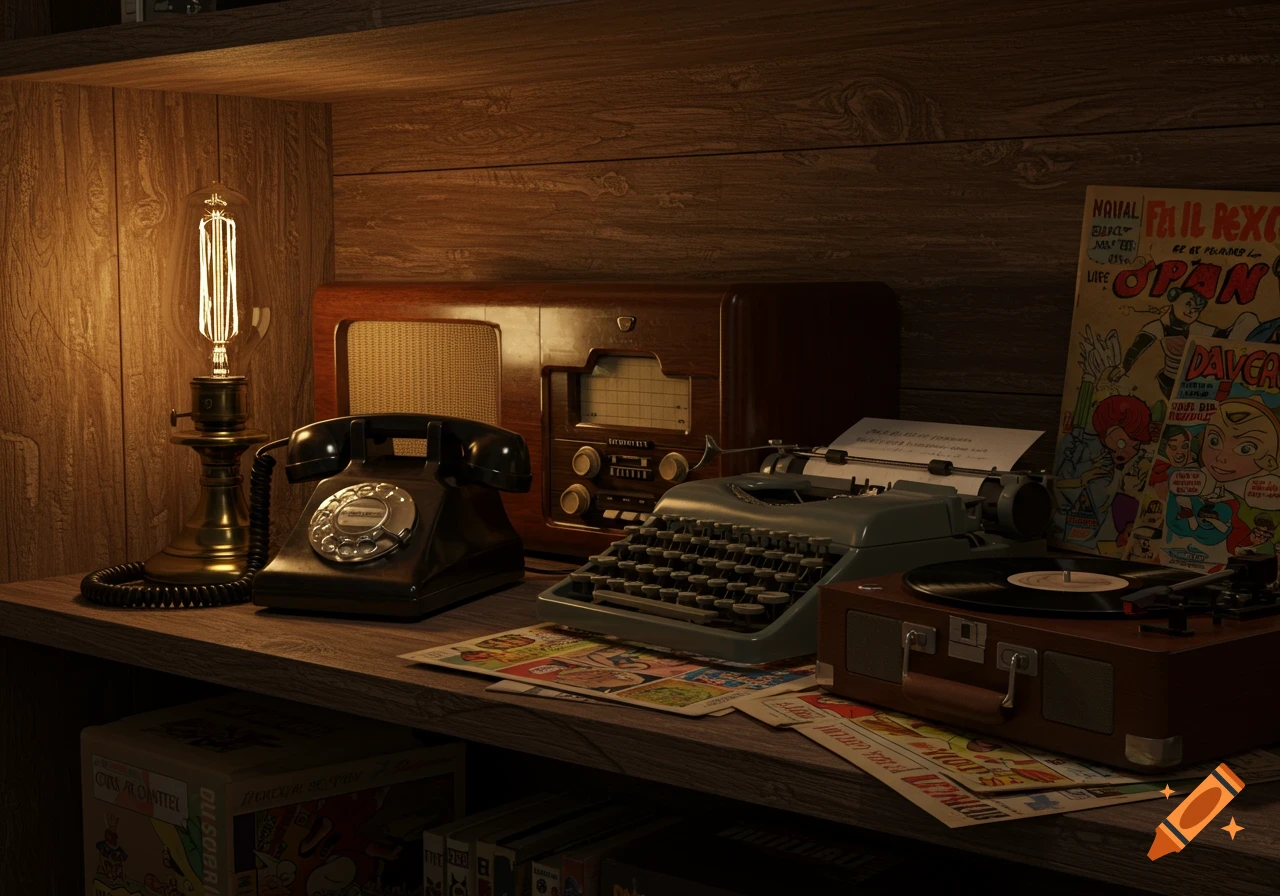 A close-up shot of a dimly lit wooden shelf filled with vintage electronics and collectibles, including an old rotary phone, a tube radio, a typewriter with paper, a portable record player, an Edison bulb lamp, and comic books.