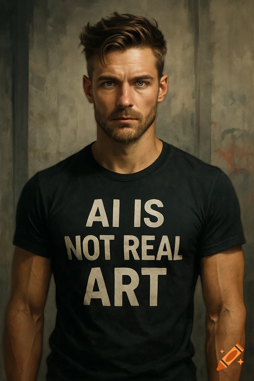A photorealistic portrait of a man with dark blonde hair and blue eyes, wearing a black t-shirt that reads 'AI IS NOT REAL ART'.