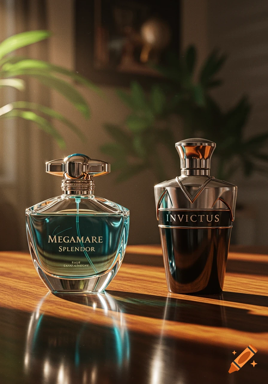 Two perfume bottles, one light blue glass and one dark metallic, stand on a reflective wooden table with soft lighting.