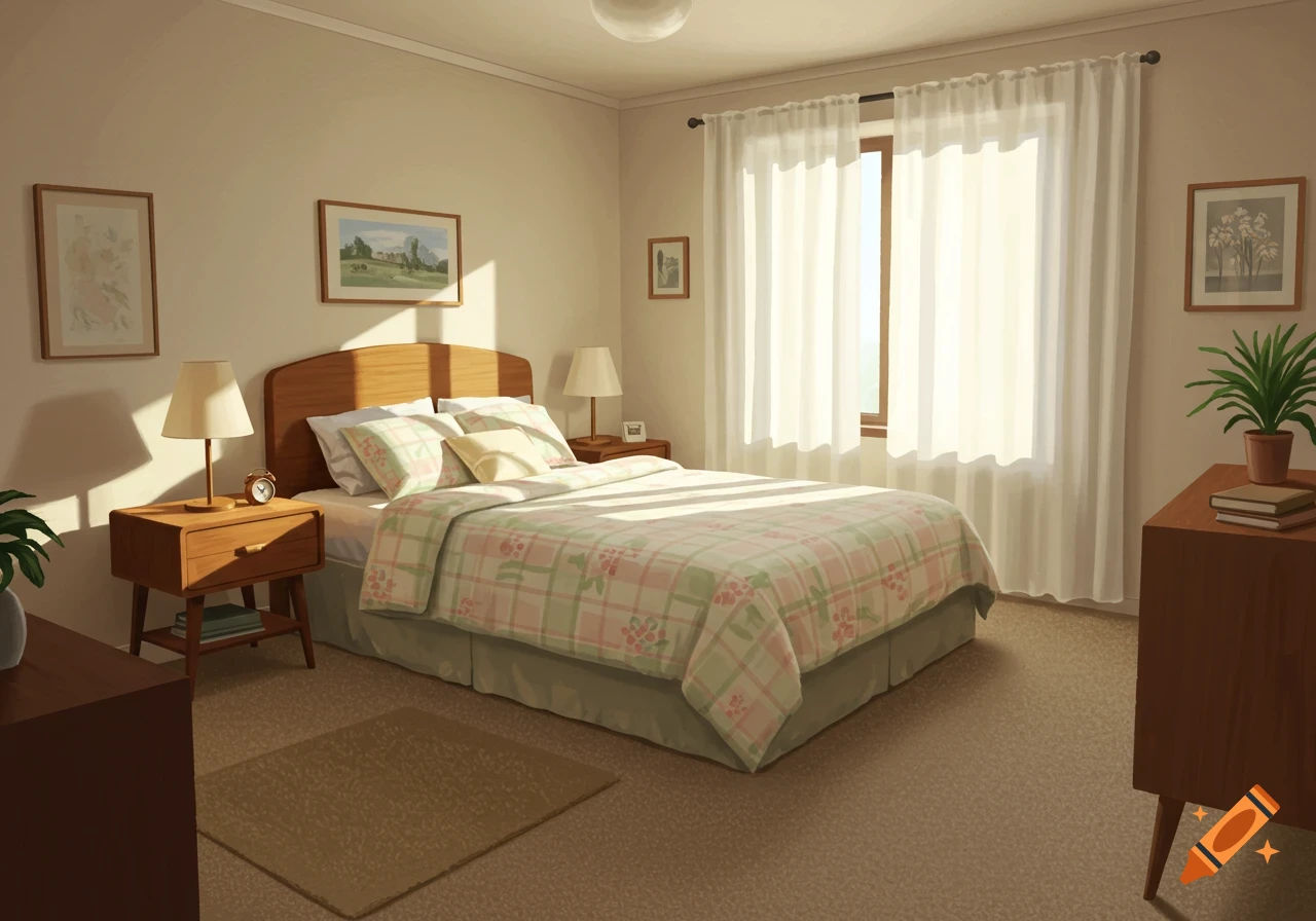 A cozy bedroom with a wooden bed, plaid comforter, nightstands, and a sunlit window with sheer curtains.