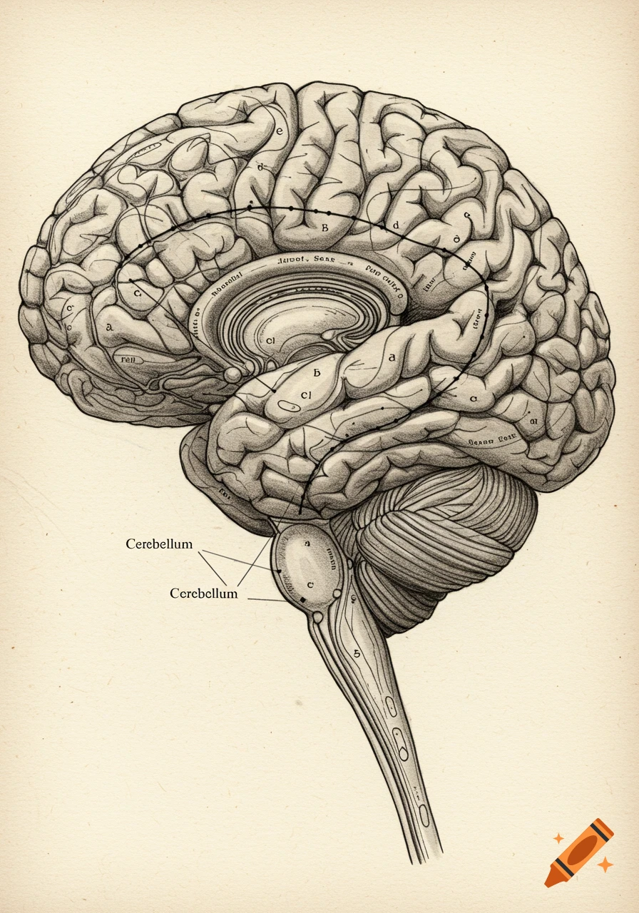A detailed, vintage-style hand-drawn diagram of the human brain in profile, showing internal structures and labeled parts like the cerebellum.