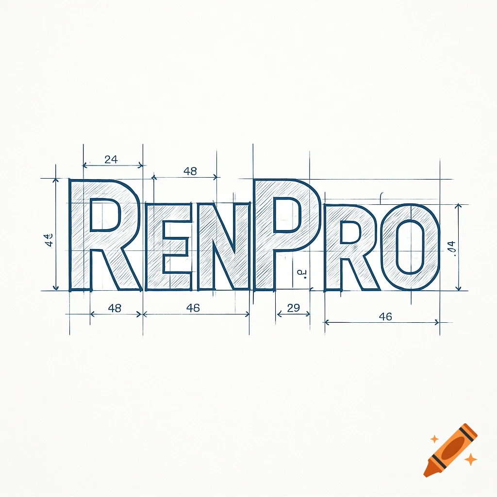 The word RENPRO rendered as a blueprint drawing with dimension lines and technical notations on a white background.