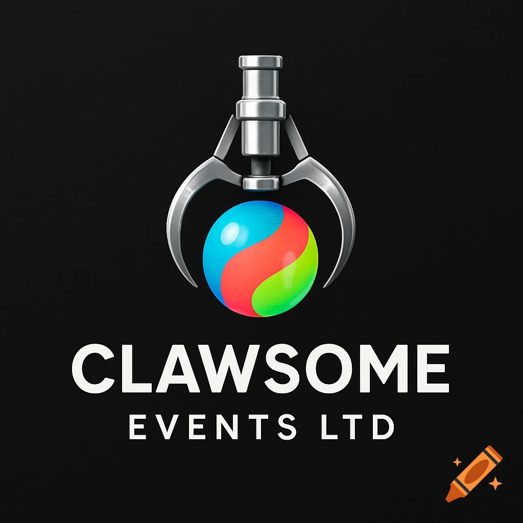 A metallic claw machine grabber holding a colorful ball with blue, red, and green swirling patterns, above the text "CLAWSO ME EVENTS LTD" on a black background.