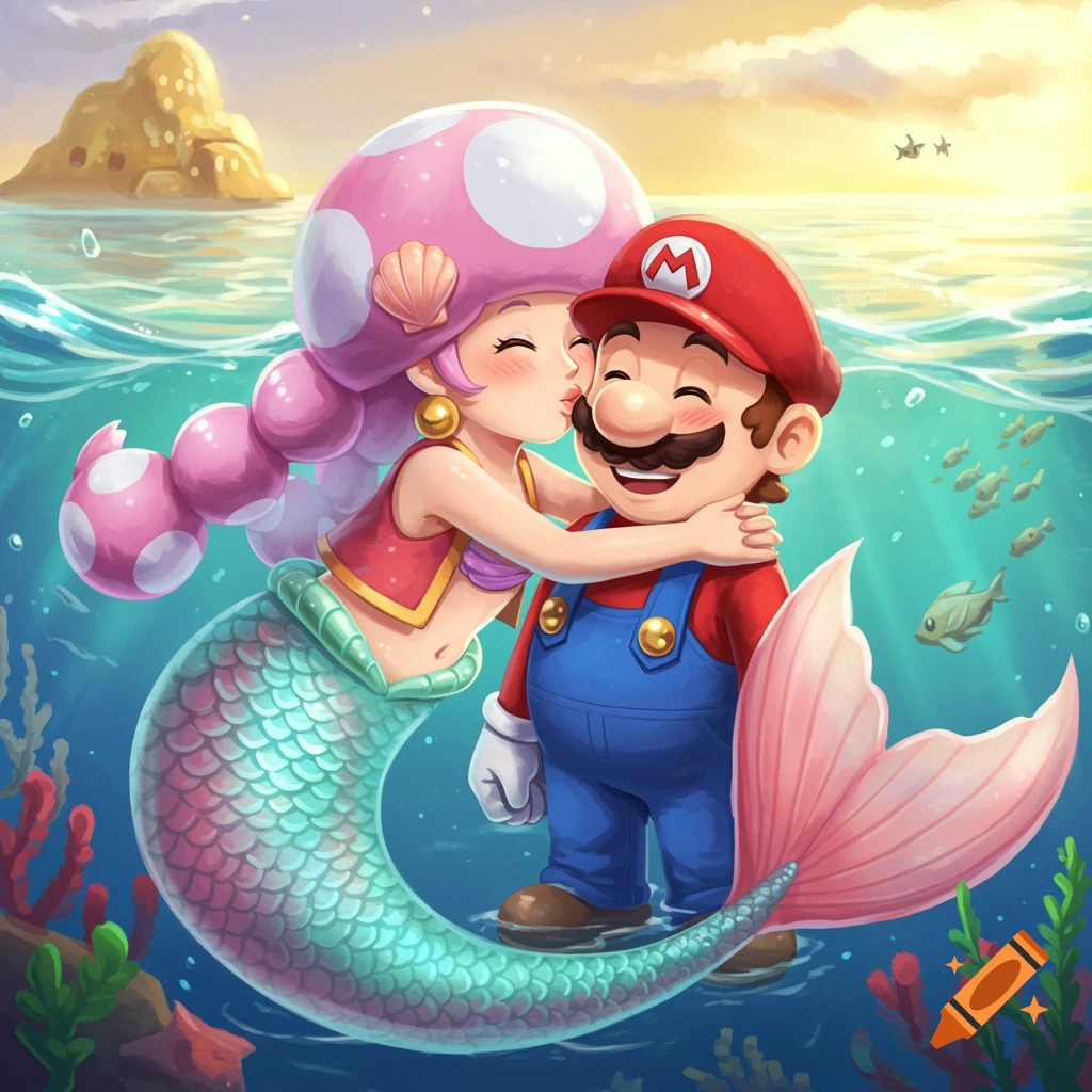 Colorful illustration of Mermaid Toadette hugging and kissing Mario on the cheek underwater.