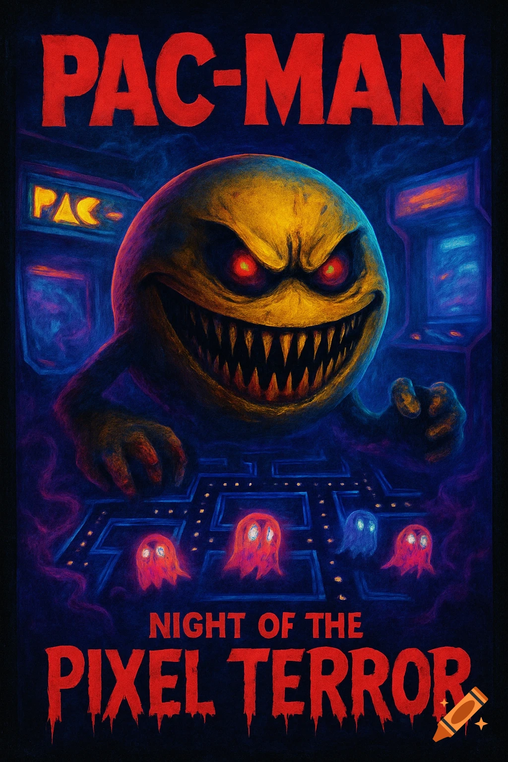 A dark, horror-themed 80s movie poster for Pac-Man, featuring a fanged, glowing-eyed Pac-Man monster looming over a maze with glowing ghosts.