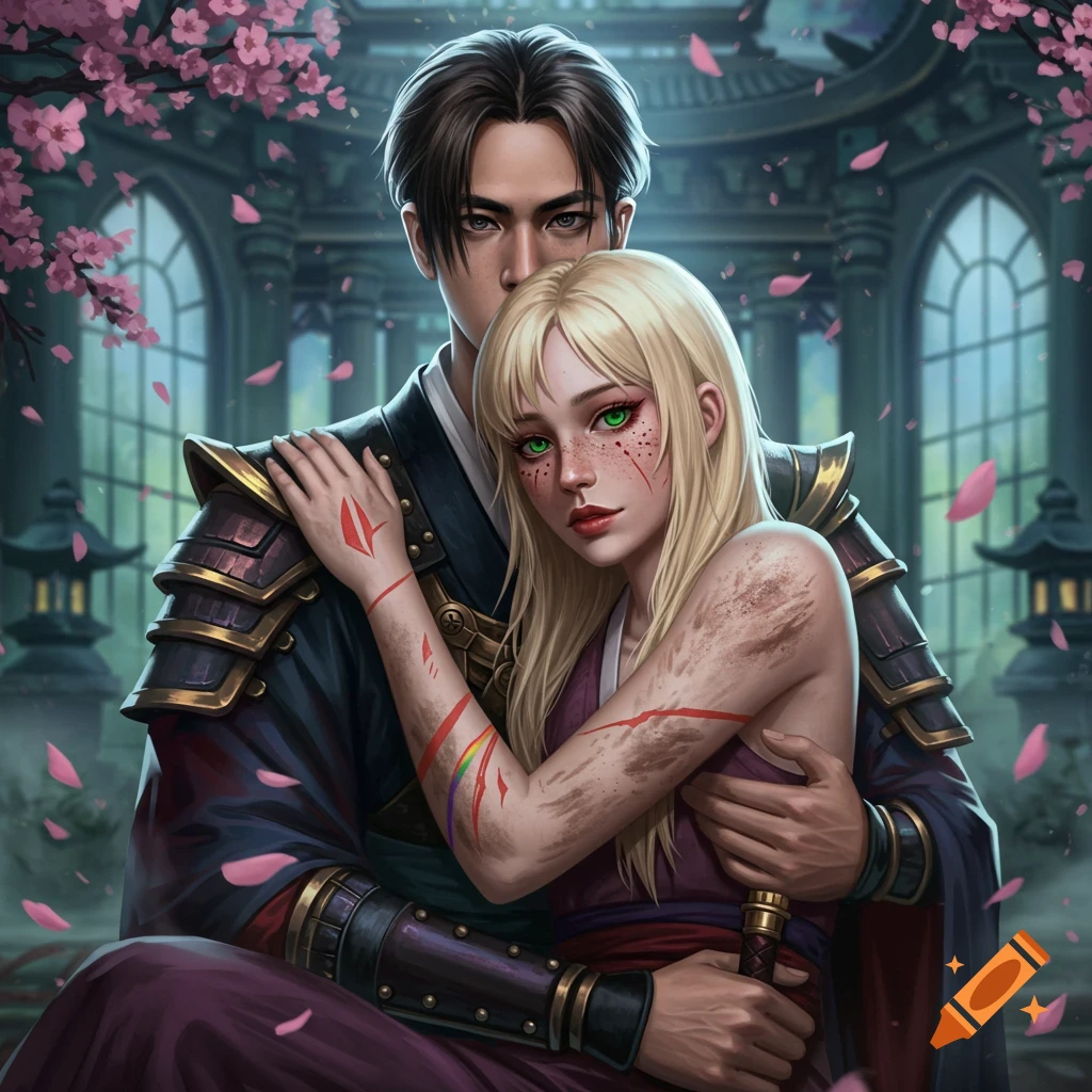 A dark-haired man in samurai-like armor embraces a blonde woman with green eyes, freckles, and stylized red and rainbow marks on her arms, surrounded by cherry blossoms and Japanese architecture.