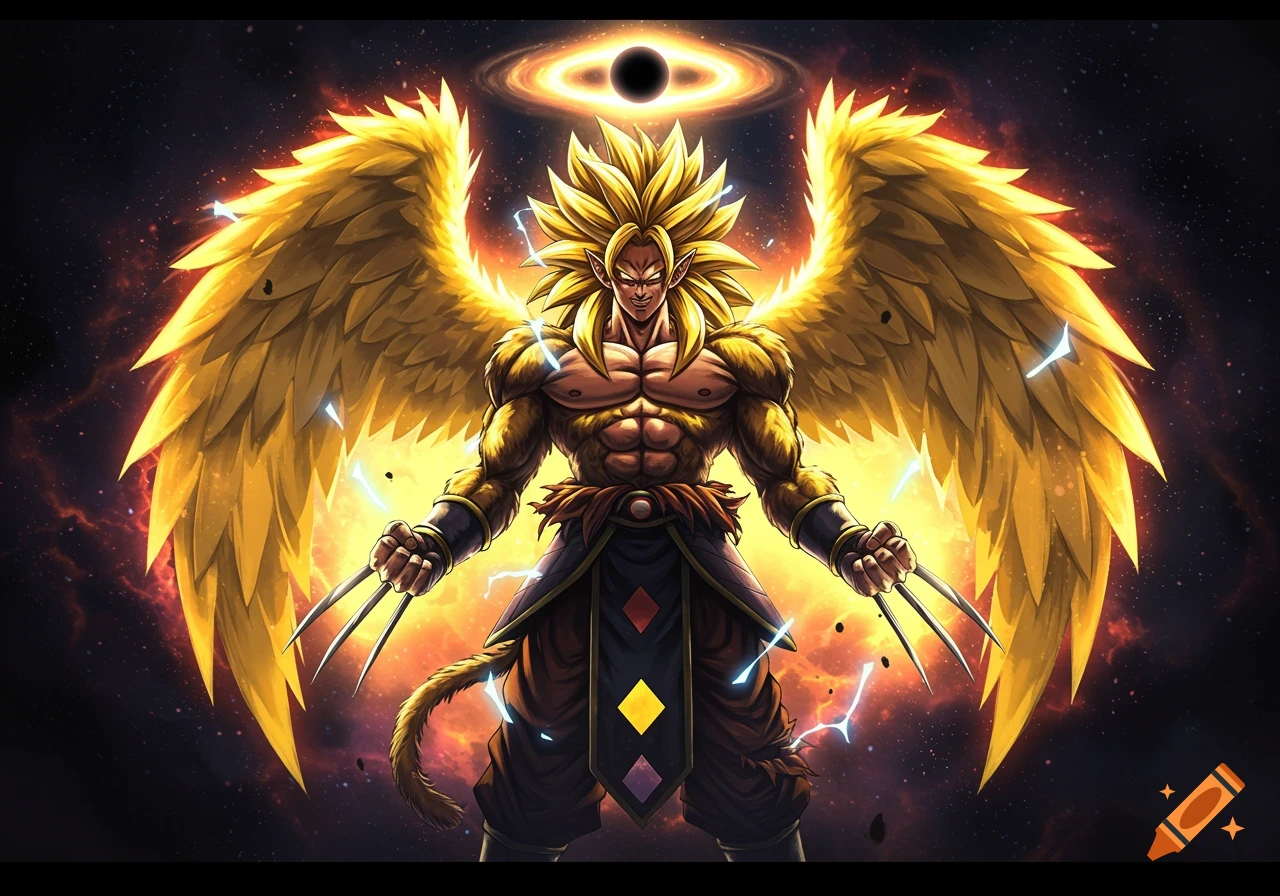 Powerful anime character with spiky golden hair, large golden wings, and claws, set against a cosmic, fiery background with a black hole and halo.
