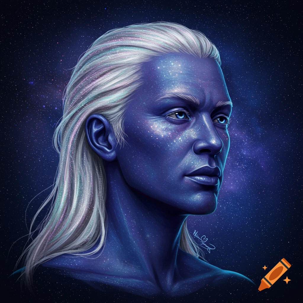 A profile portrait of a person with flowing white and iridescent hair, blue skin covered in stars and nebulae, set against a dark starry background.
