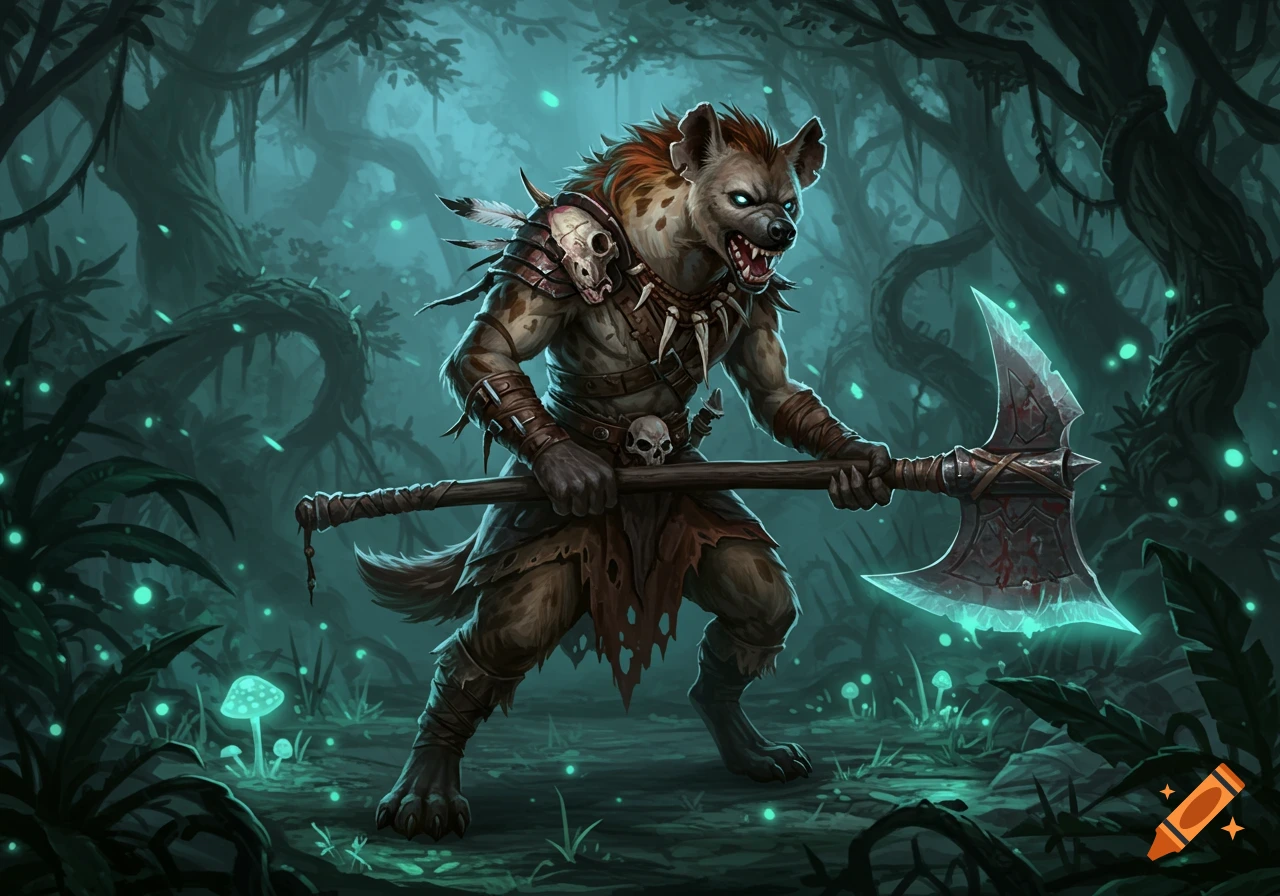 A bipedal hyena warrior holding a large axe stands in a glowing, mystical dark forest, digital fantasy art.