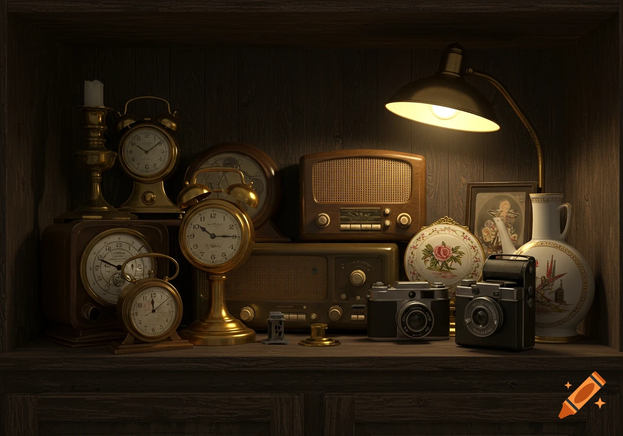 A dark wooden shelf displaying a collection of vintage items including several brass alarm clocks, old wooden radios, a table lamp, two antique cameras, and decorative ceramic vases and plates.