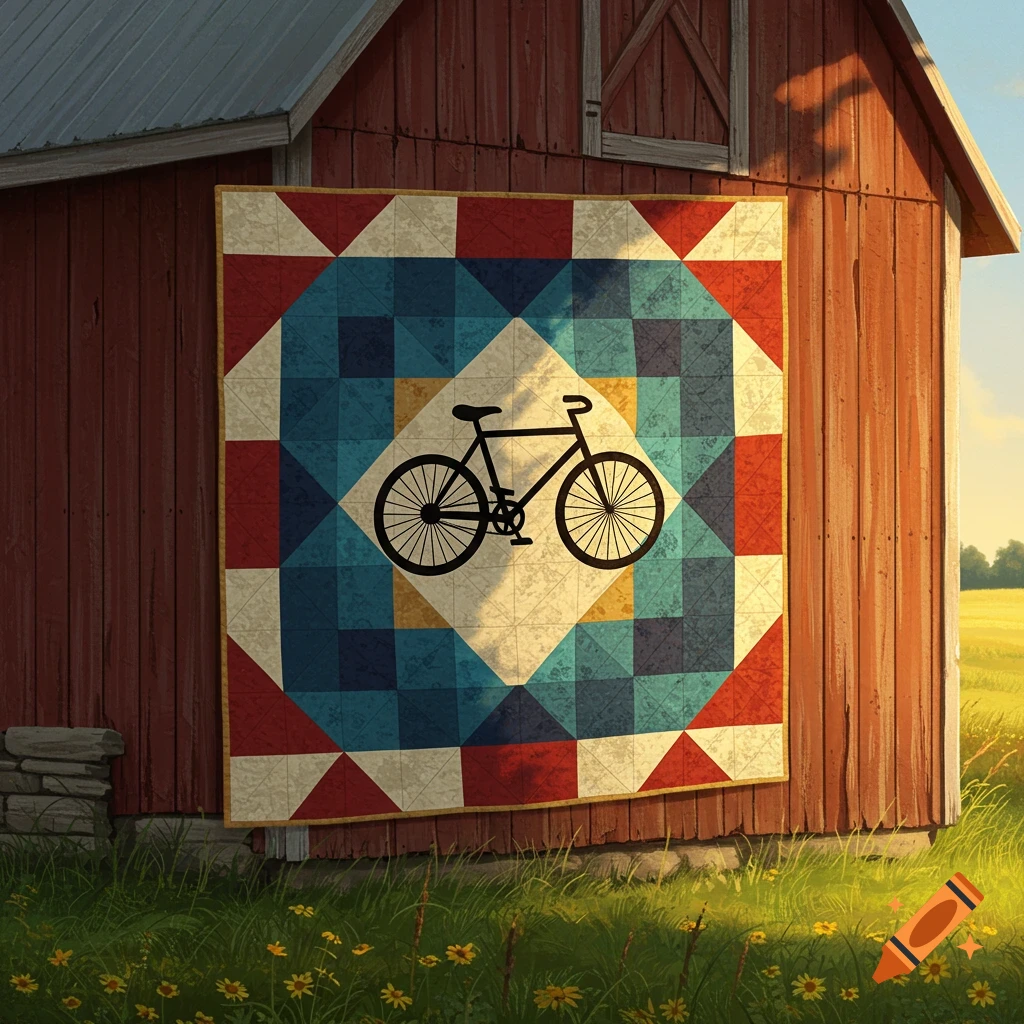 A colorful barn quilt with a black bicycle silhouette hangs on a red barn in a sunny, grassy field.