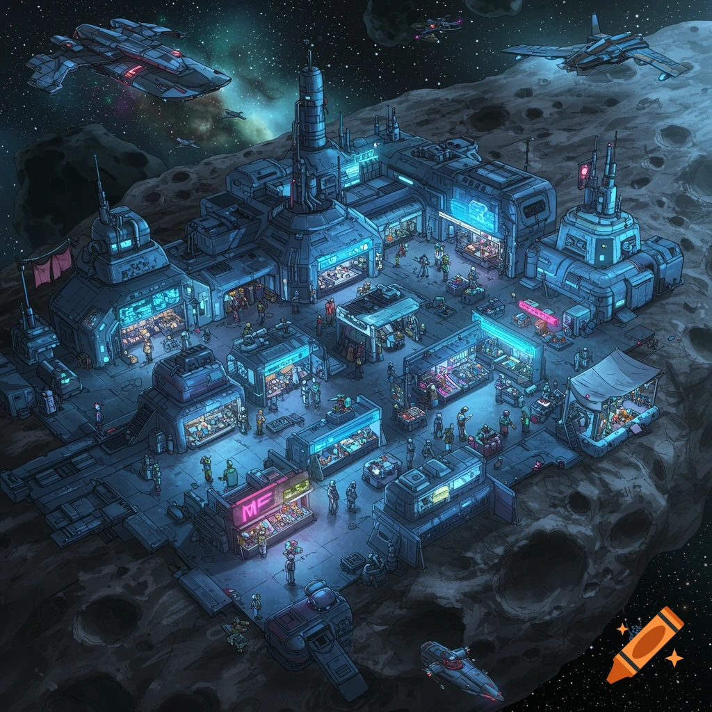 A detailed top-down illustration of a bustling sci-fi marketplace on an asteroid, with glowing blue buildings, various stalls, people, and spaceships flying above in a starry sky.