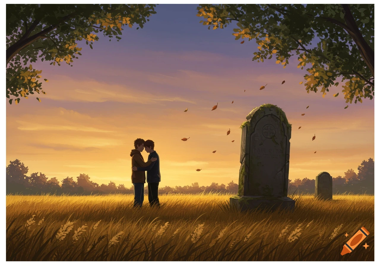 Two figures embrace next to a gravestone in a golden field at sunset, with autumn leaves falling from trees.