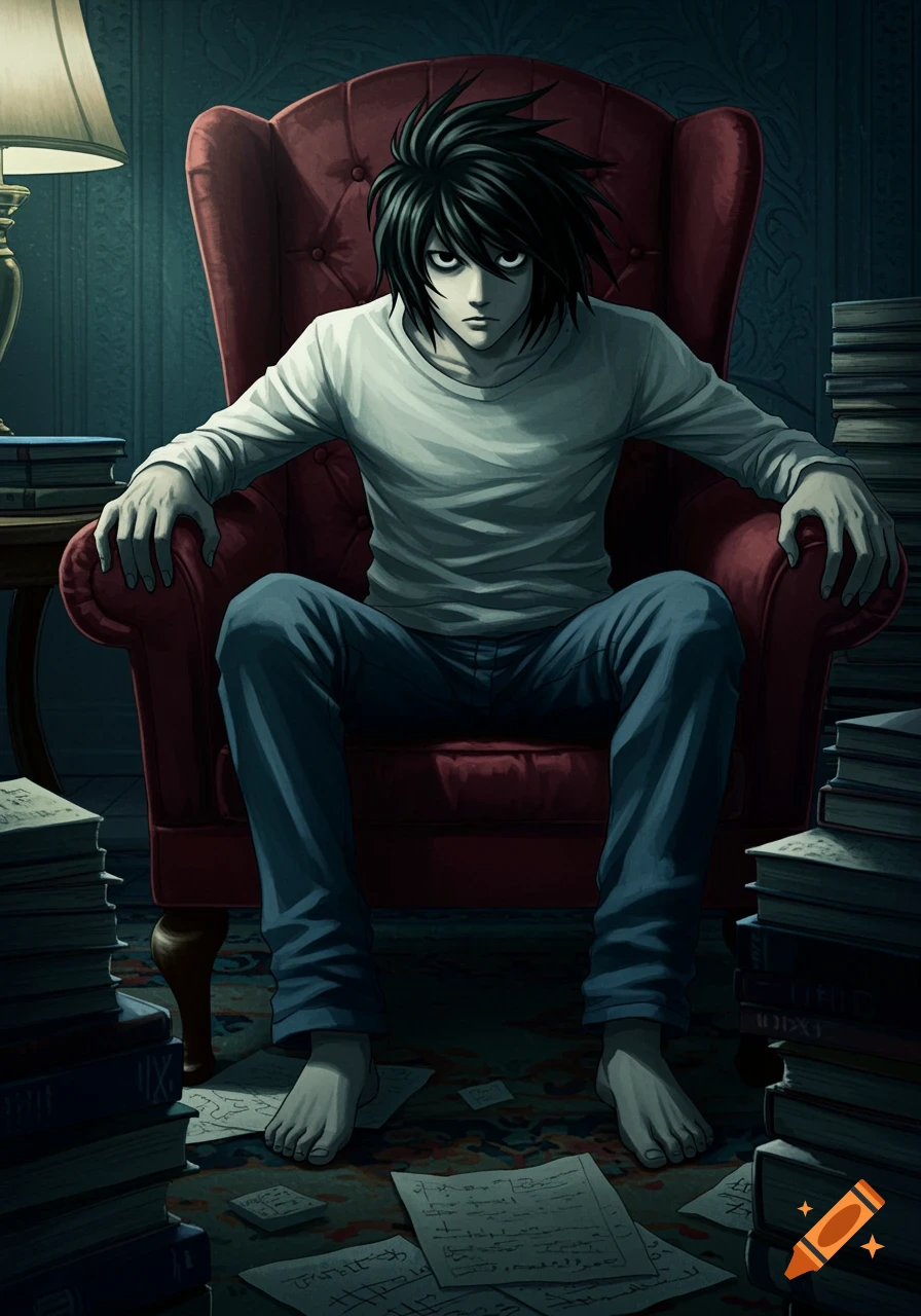 L Lawliet, a character from Death Note, sits in a red armchair surrounded by stacks of books and scattered papers on the floor, illuminated by a table lamp.