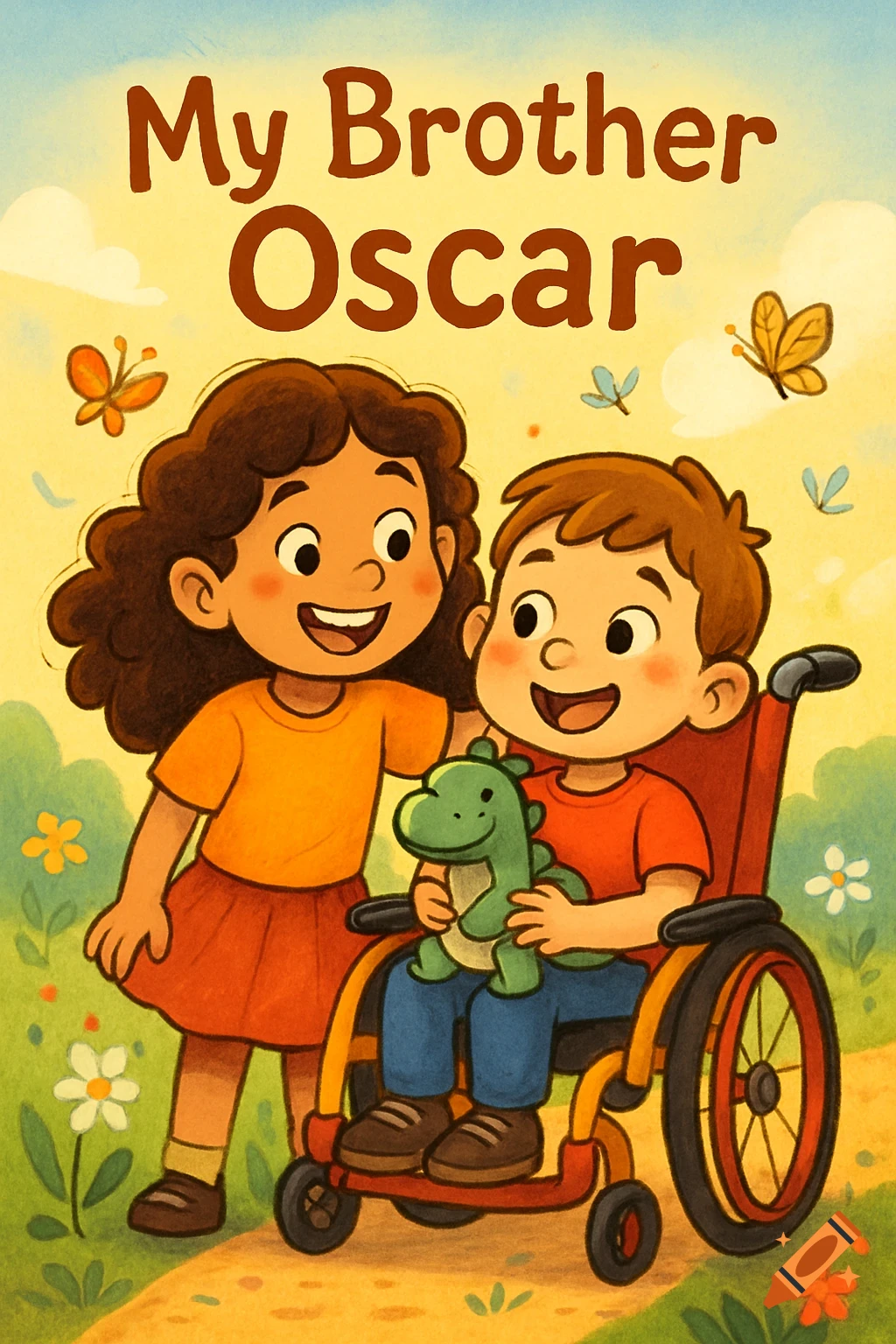 Cartoon illustration of a smiling girl with a boy in a wheelchair holding a dinosaur, with the title 'My Brother Oscar'.