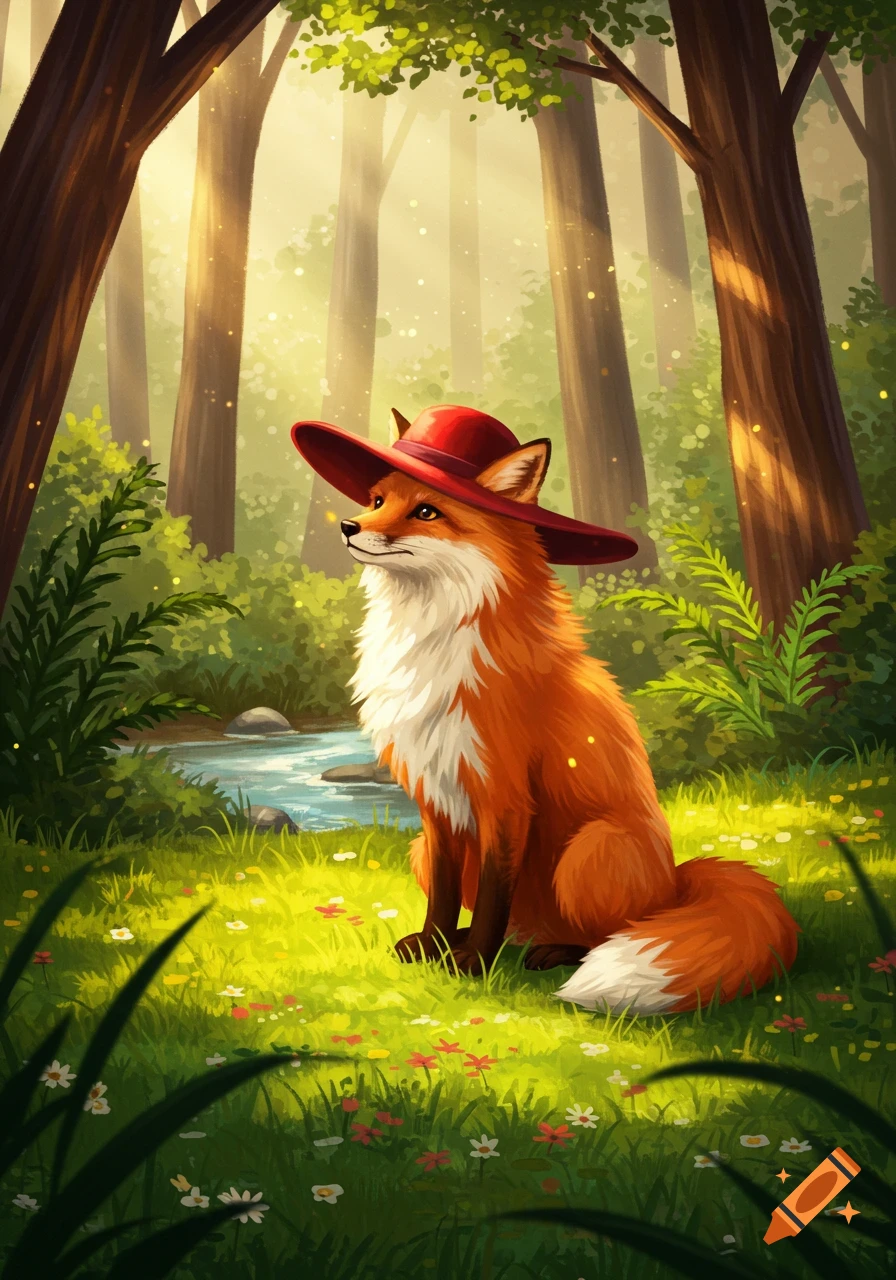A cute red fox wearing a wide-brimmed red hat sits in a sunlit forest clearing beside a stream.