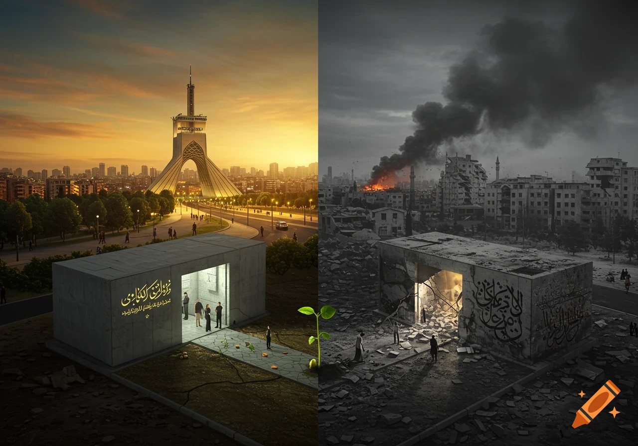 A split image showing Tehran's Milad Tower and a concrete shelter. The left side is a vibrant cityscape at sunset; the right is a monochrome, war-torn cityscape. A seedling grows from the shelter's threshold.
