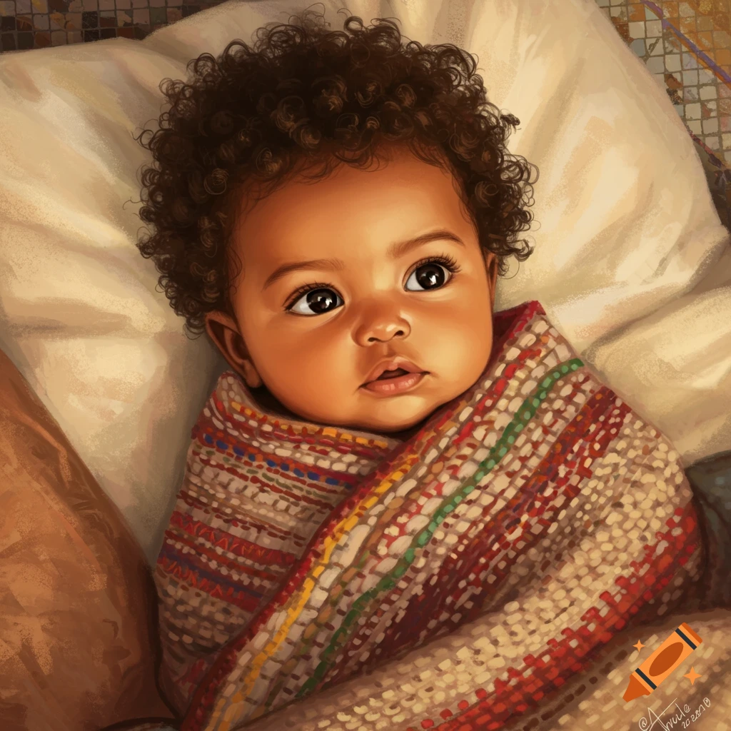 A cute baby with dark curly hair and dark eyes, wrapped in a colorful blanket, lying on a pillow, in a painterly style.