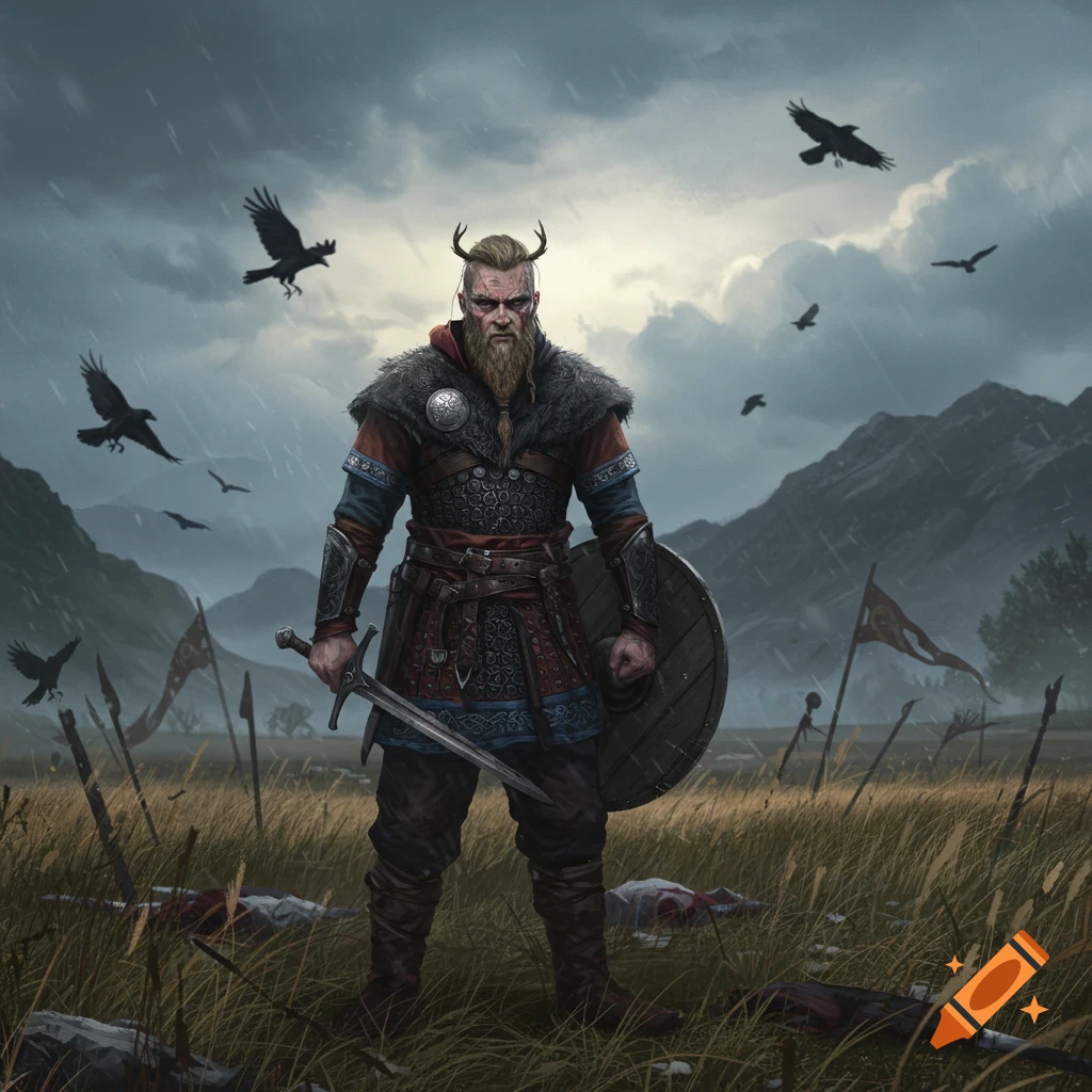 A noble Viking warrior with a beard and small horns stands on a stormy, rainy battlefield with crows flying overhead.