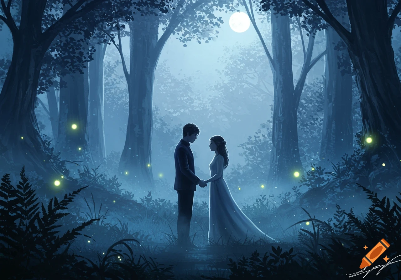 A man and woman hold hands in a mystical, moonlit forest with glowing fireflies in this fantasy digital painting.