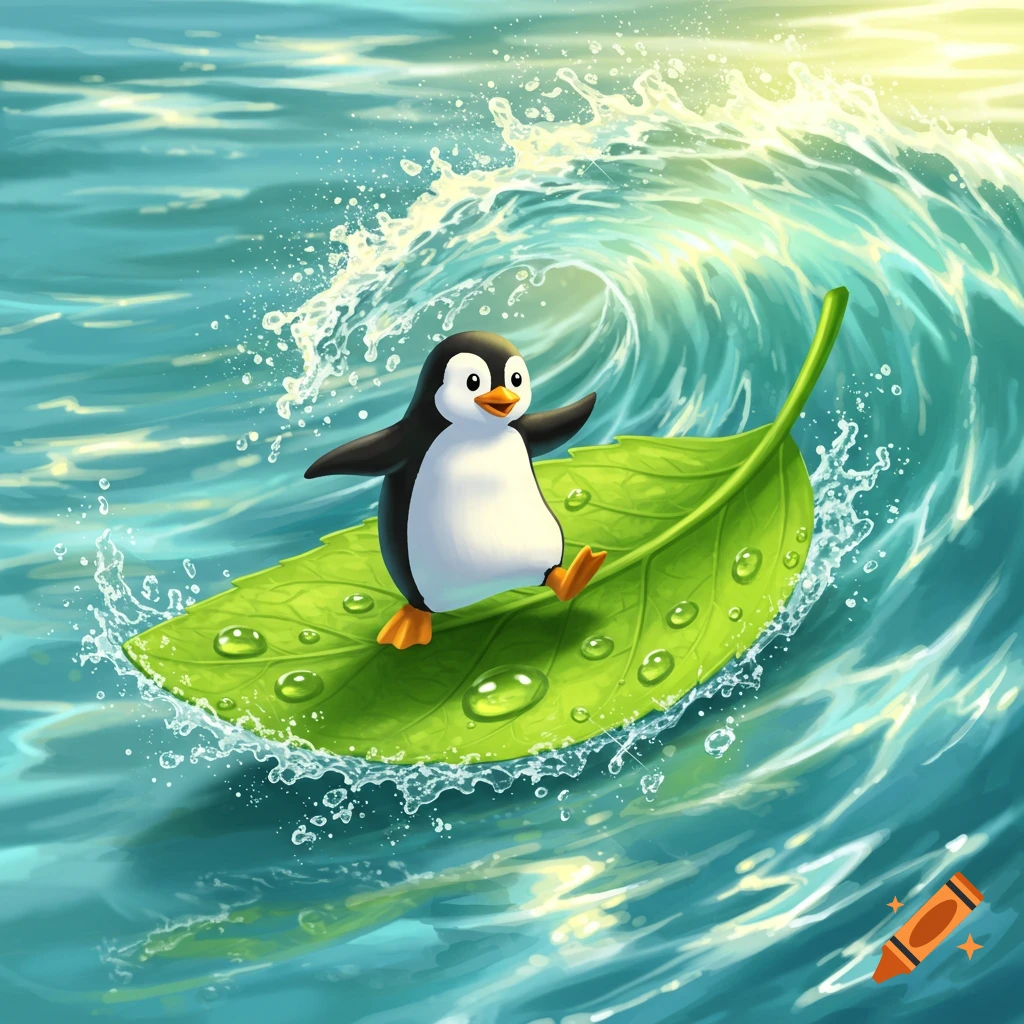 A cute cartoon penguin happily surfing a big green leaf on a wavy ocean, with sunlit splashes.