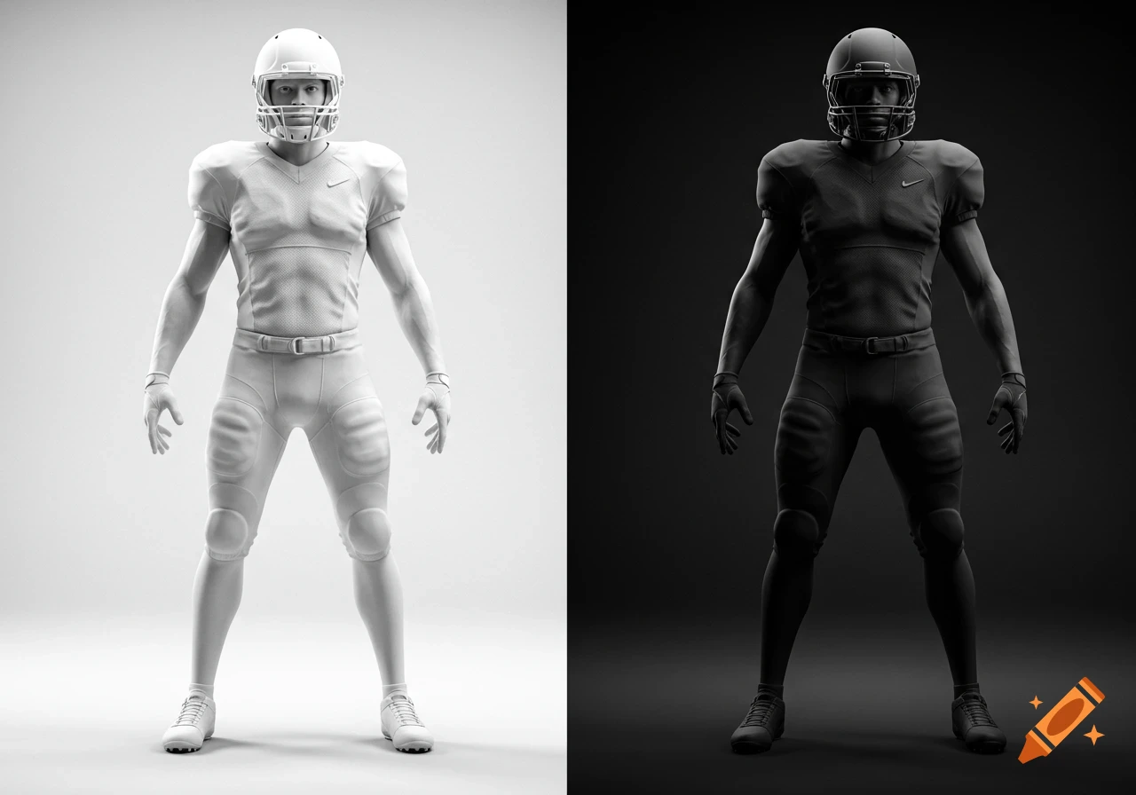 Two football players stand facing forward, one in a white uniform on a white background and the other in a black uniform on a black background.