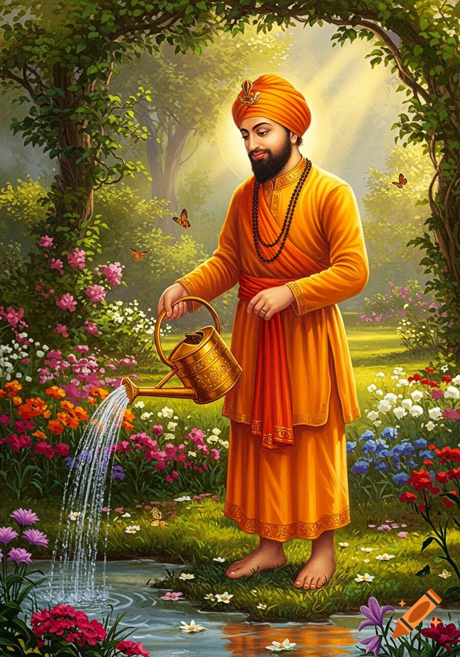 A man in an orange turban and robes waters colorful flowers in a lush garden with a golden watering can, a halo glowing around his head.