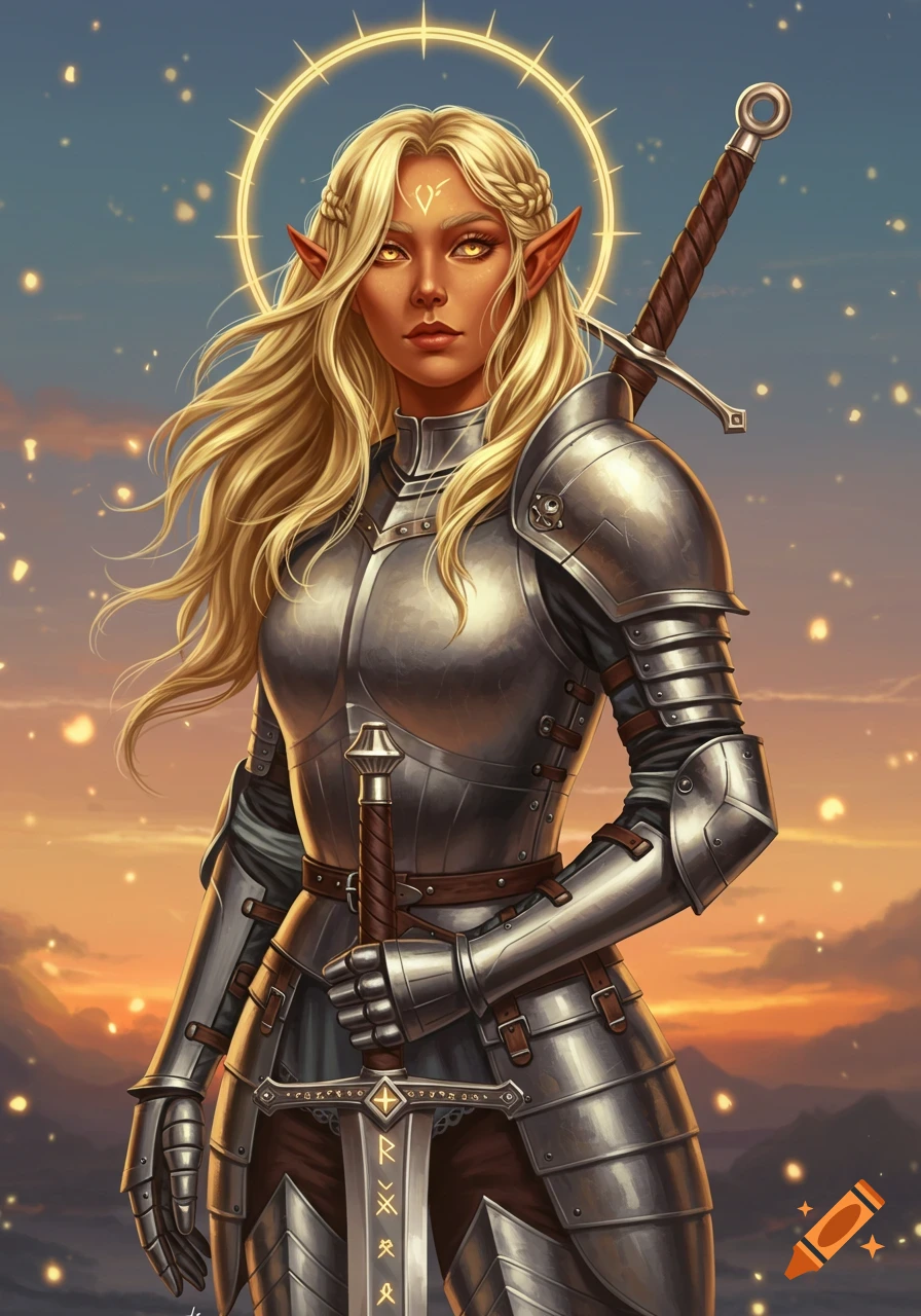 A blonde-haired female Aasymar in shining plate armor holds a sword, with a golden halo and a sunset background.