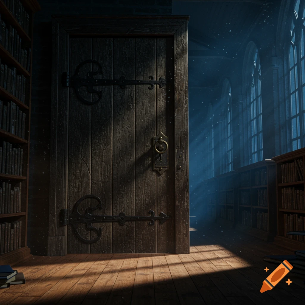 A wooden door with ornate hinges in a dark, atmospheric library hallway, with light beams shining through tall arched windows.