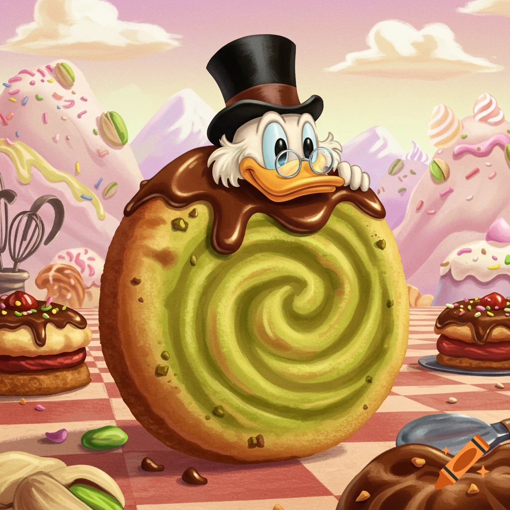 Scrooge McDuck's head wearing a top hat emerges from a large pistachio swirl biscuit with chocolate icing in a whimsical candy land.