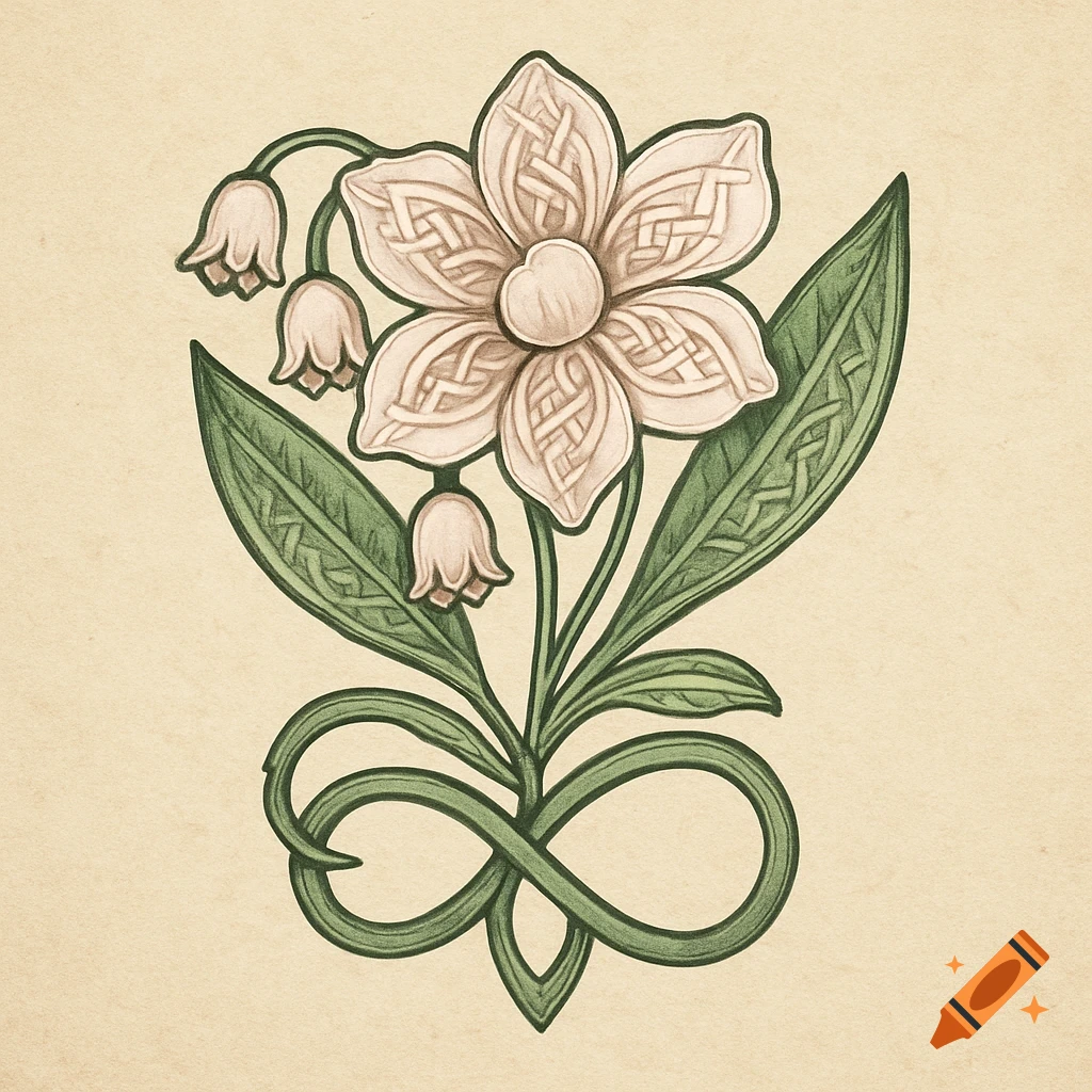 Artistic illustration of a Celtic knot flower with lily of the valley buds and an infinity symbol stem, on a textured background.
