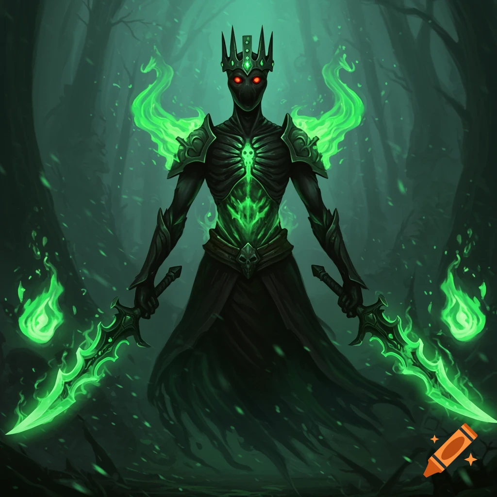 A dark fantasy skeletal king with a crown and glowing red eyes, wielding two green flaming swords, stands in a dark forest.