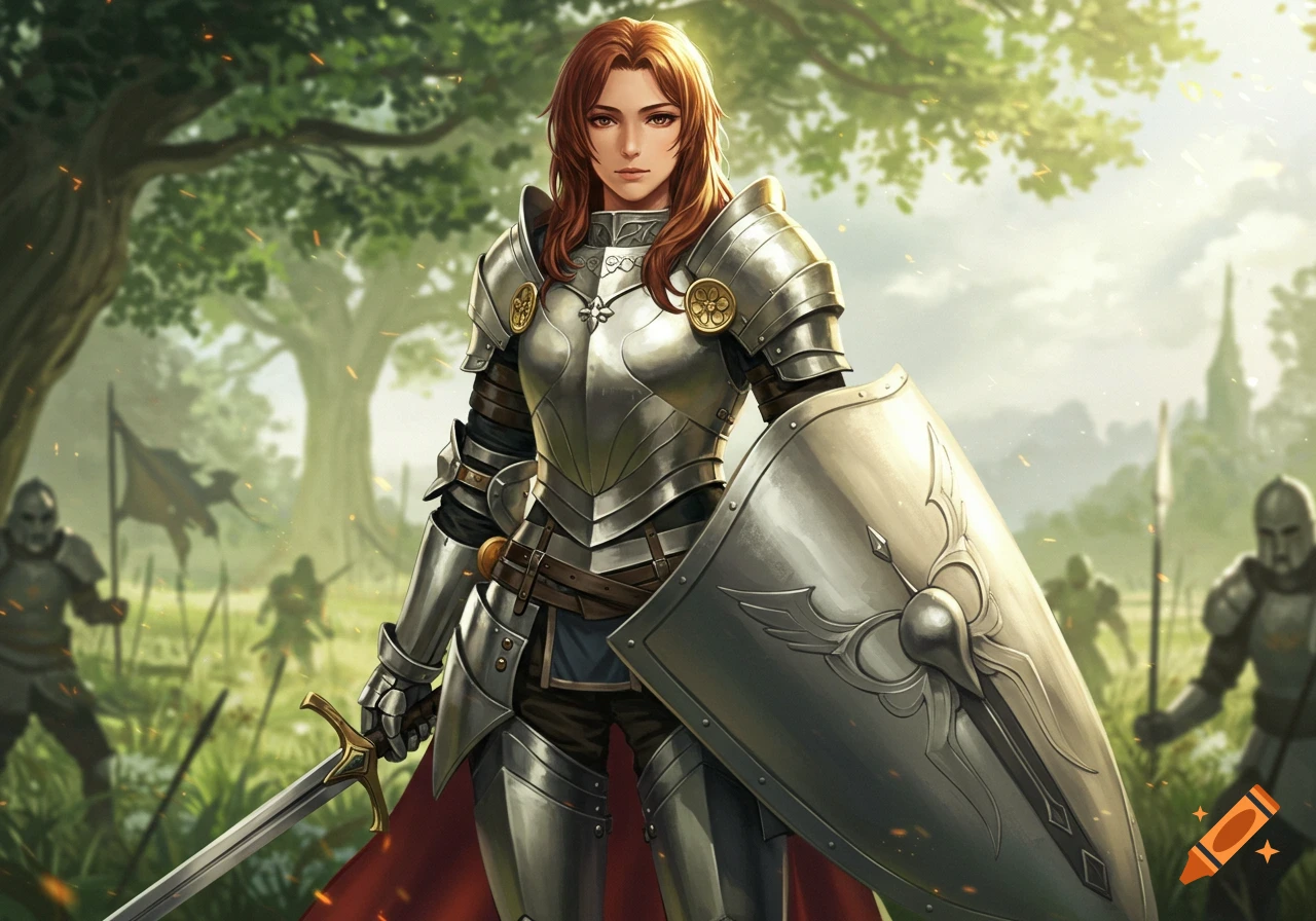 A female knight in full silver armor stands holding a sword and shield in a forest, with other armored figures in the background.