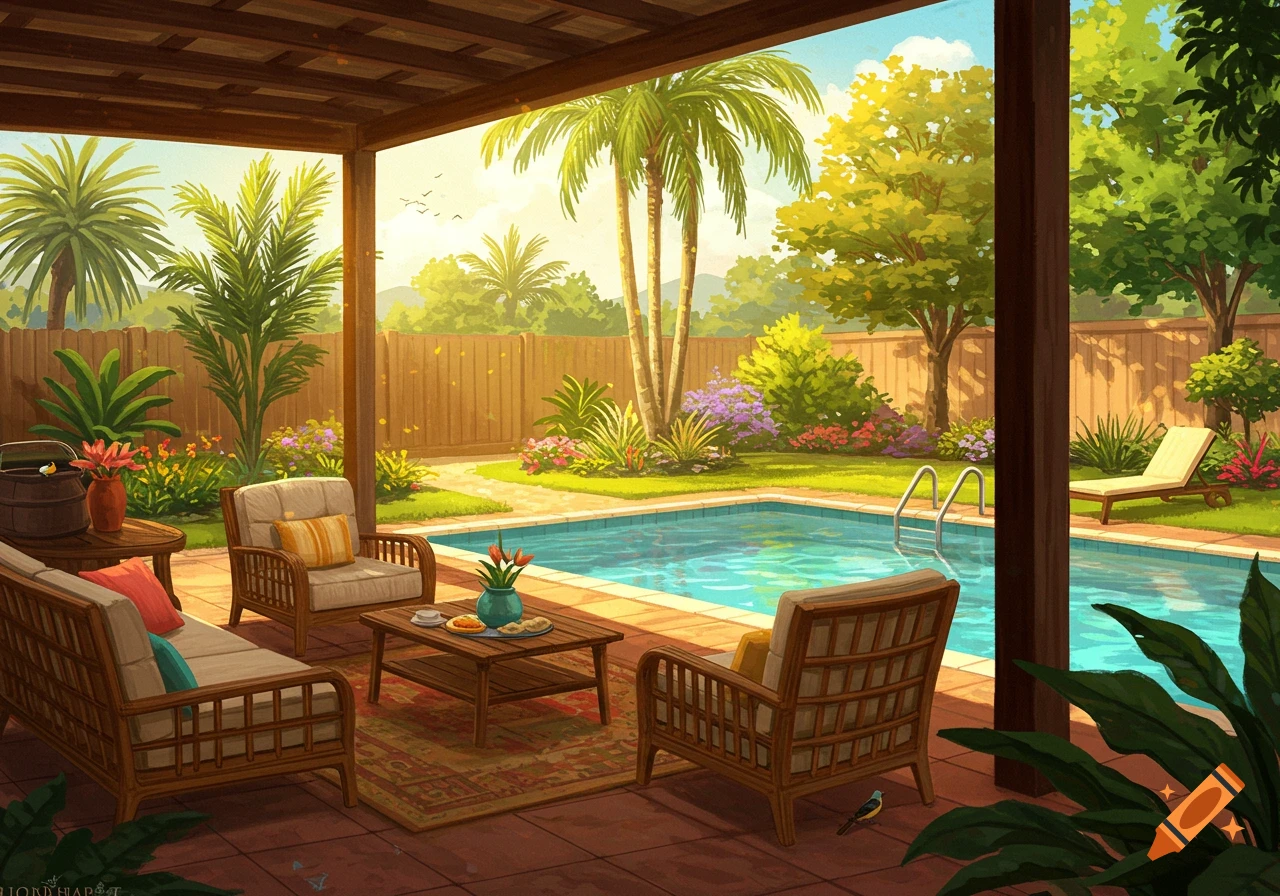 Warm illustration of a backyard patio with wicker furniture next to a swimming pool, surrounded by palm trees and lush plants under a sunny sky.