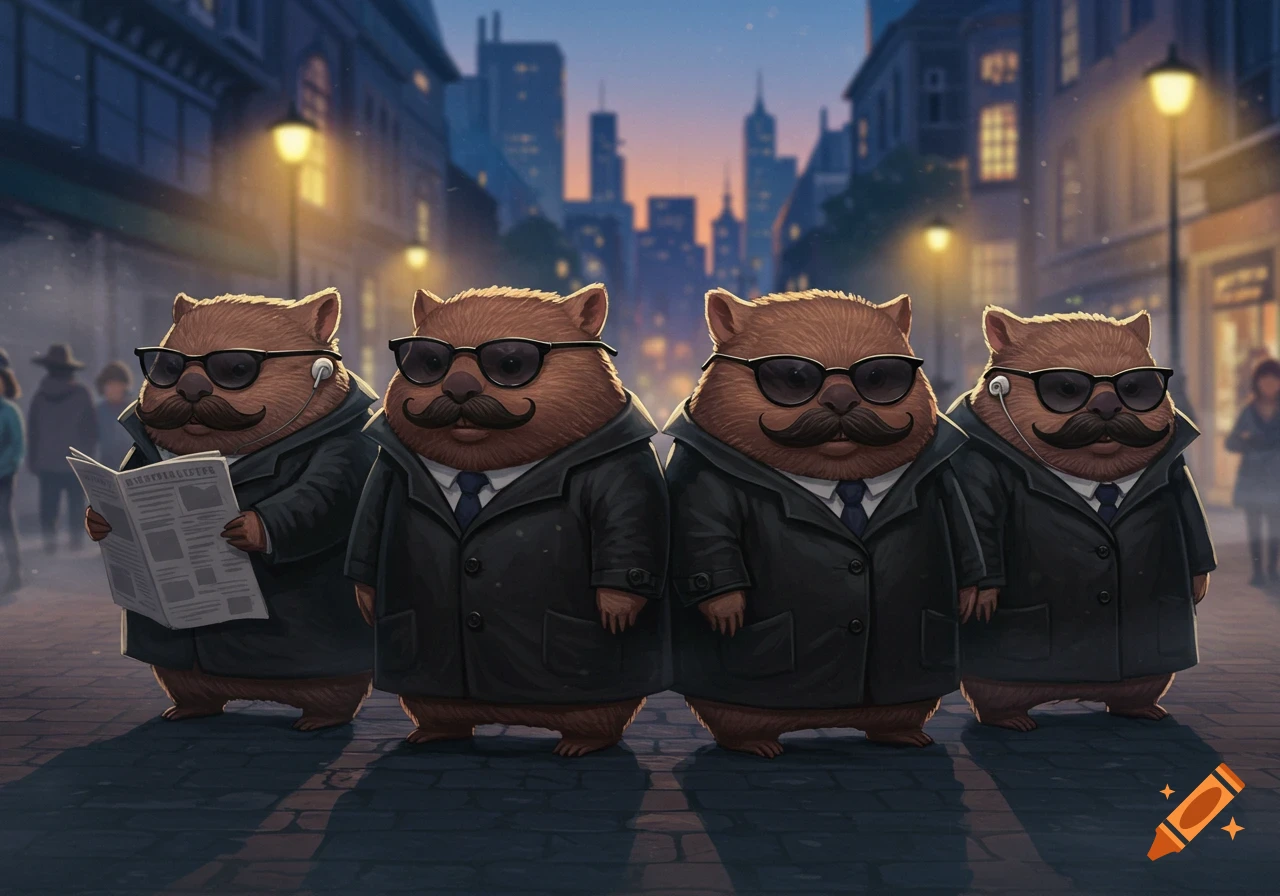 Four cartoon wombats dressed as spies in trench coats, sunglasses, and mustaches stand on a city street at dusk, one reading a newspaper.