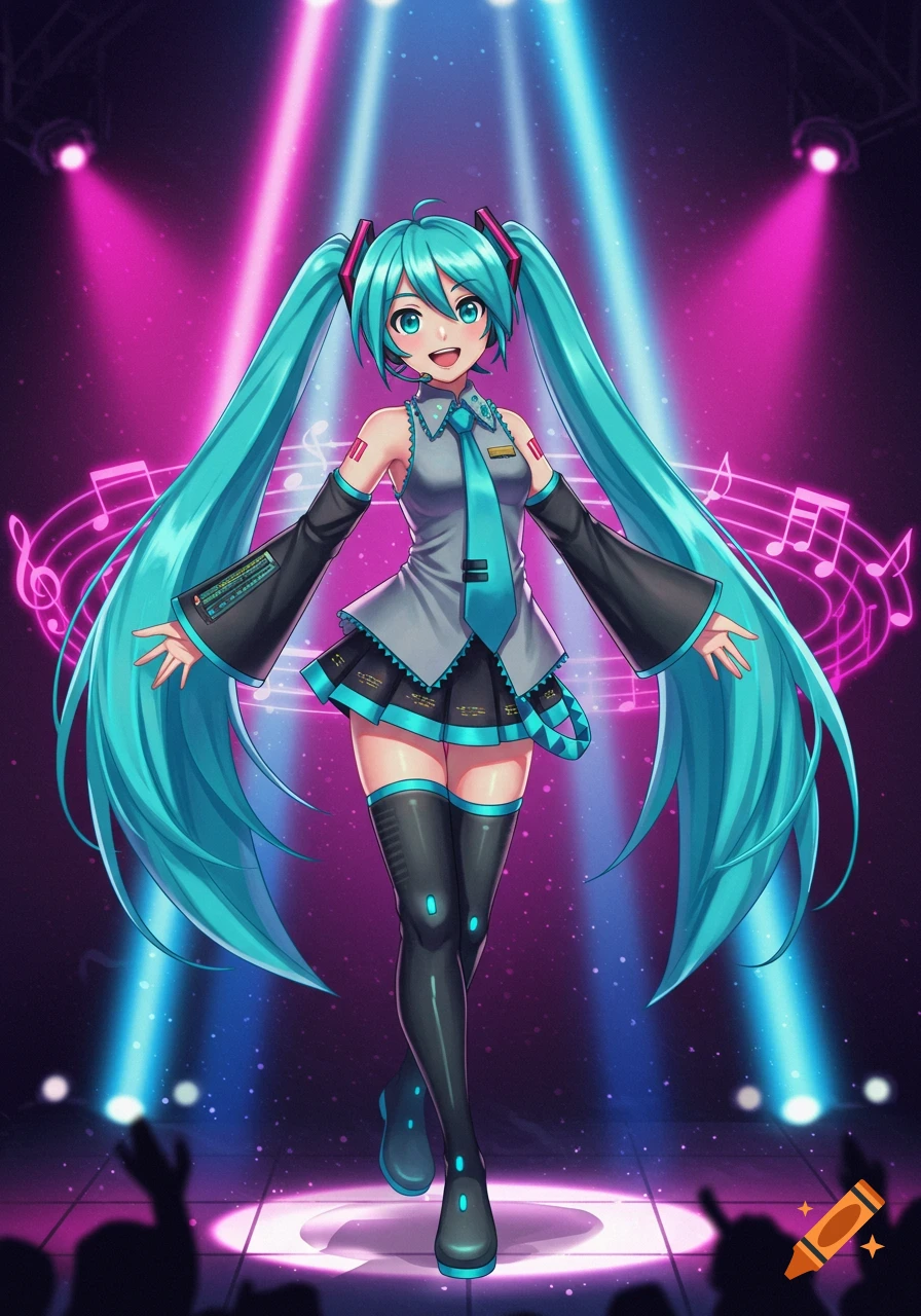 Hatsune Miku, an anime character with long turquoise pigtails, stands on a stage bathed in pink and blue spotlights with musical notes.