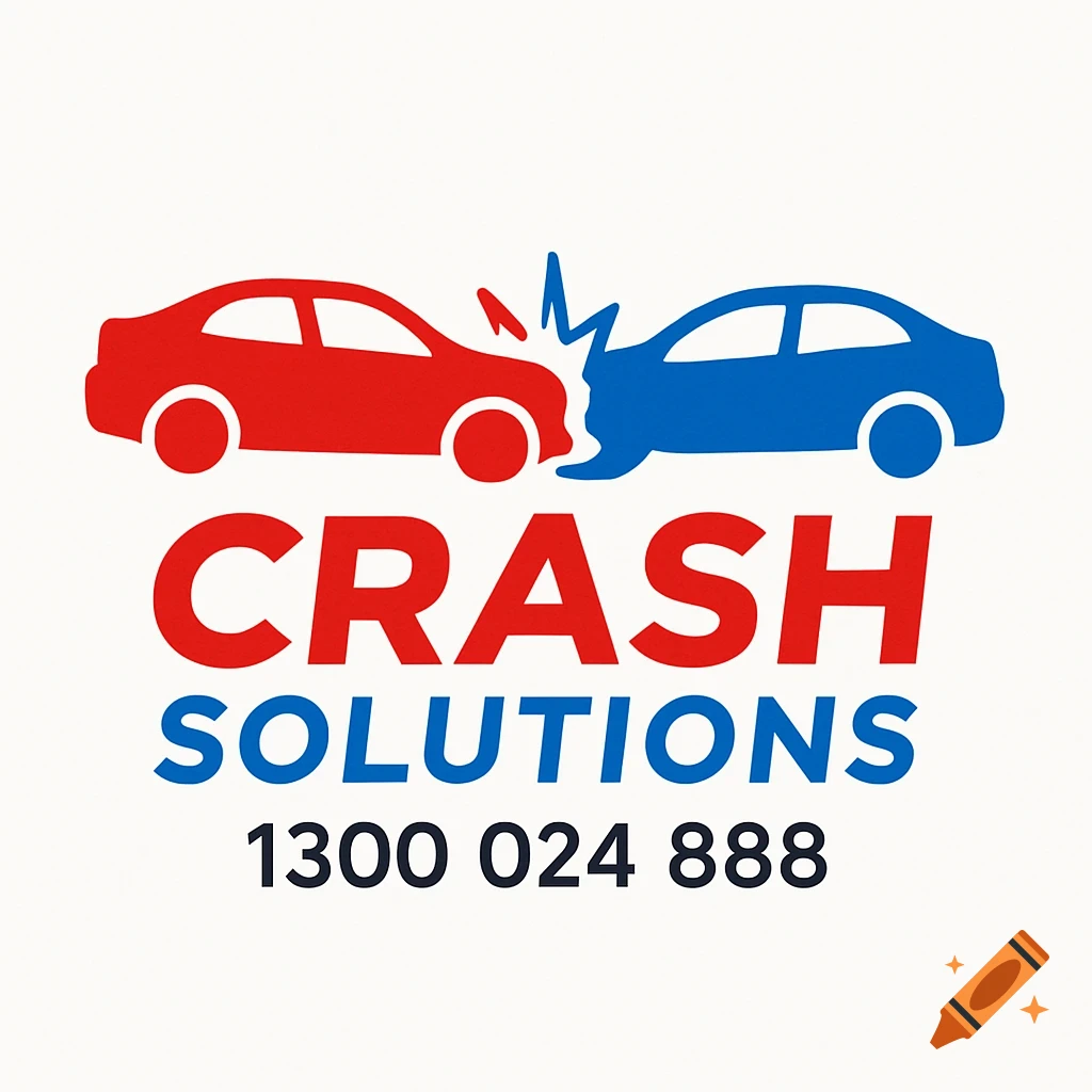 Logo for Crash Solutions featuring a red car and a blue car colliding, with text 'CRASH SOLUTIONS' and hotline number.