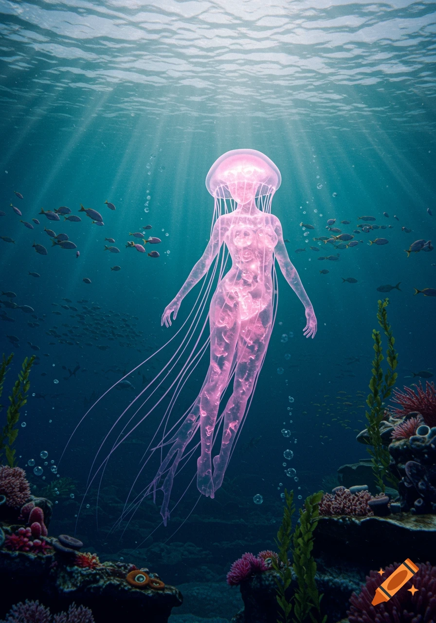 A glowing pink jellyfish humanoid floats in a sunlit deep blue ocean with schools of fish and coral reefs below.